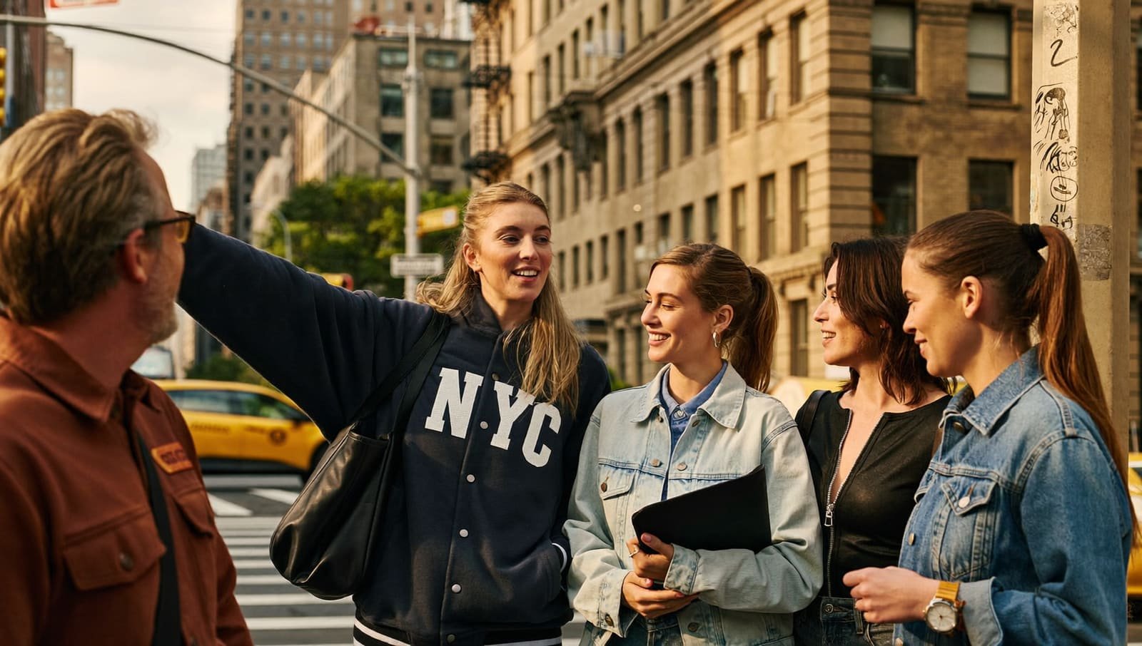 Local NYC guide pointing out a landmark to a small group of travelers on a lower Manhattan street corner, golden hour light