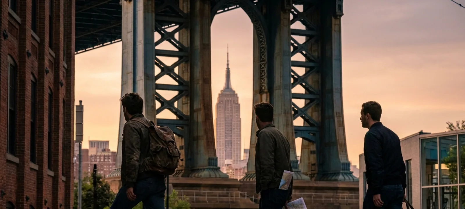 Walking the Brooklyn Bridge with the Manhattan skyline on a New York City tour