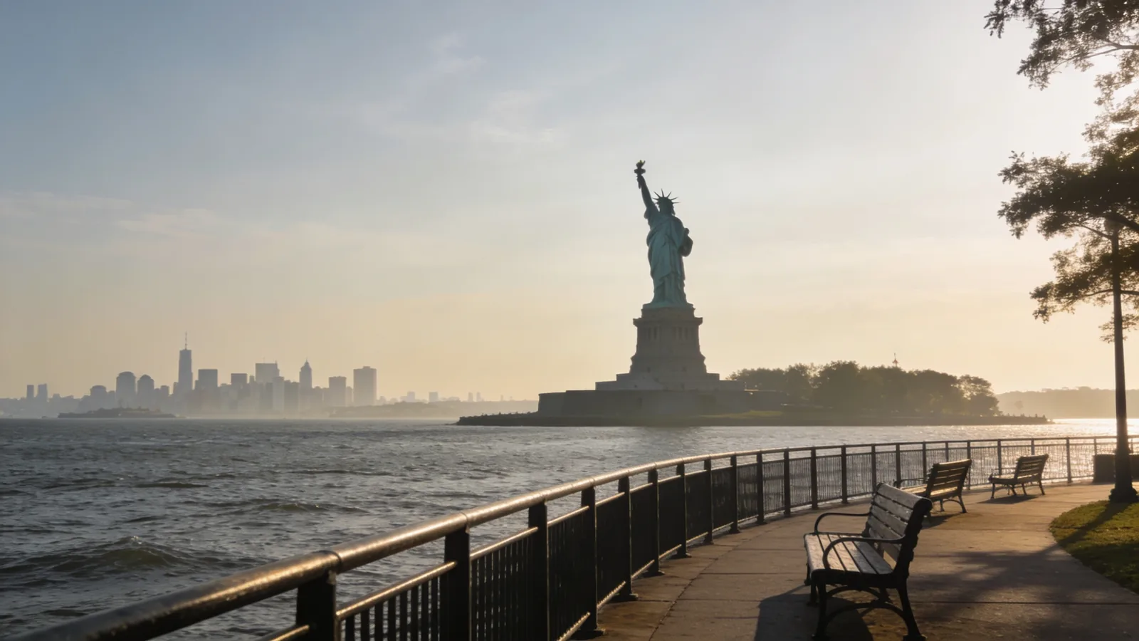 View of the Statue of Liberty from Liberty State Park New Jersey across the harbor — Statue of Liberty cruise vs ferry NJ departure point