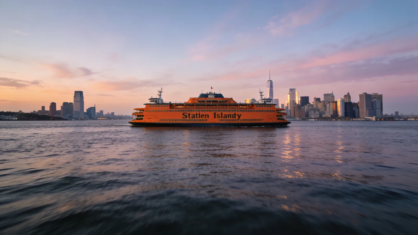Staten Island Ferry on New York Harbor at dusk with Manhattan skyline — Statue of Liberty cruise vs ferry free pass-by option