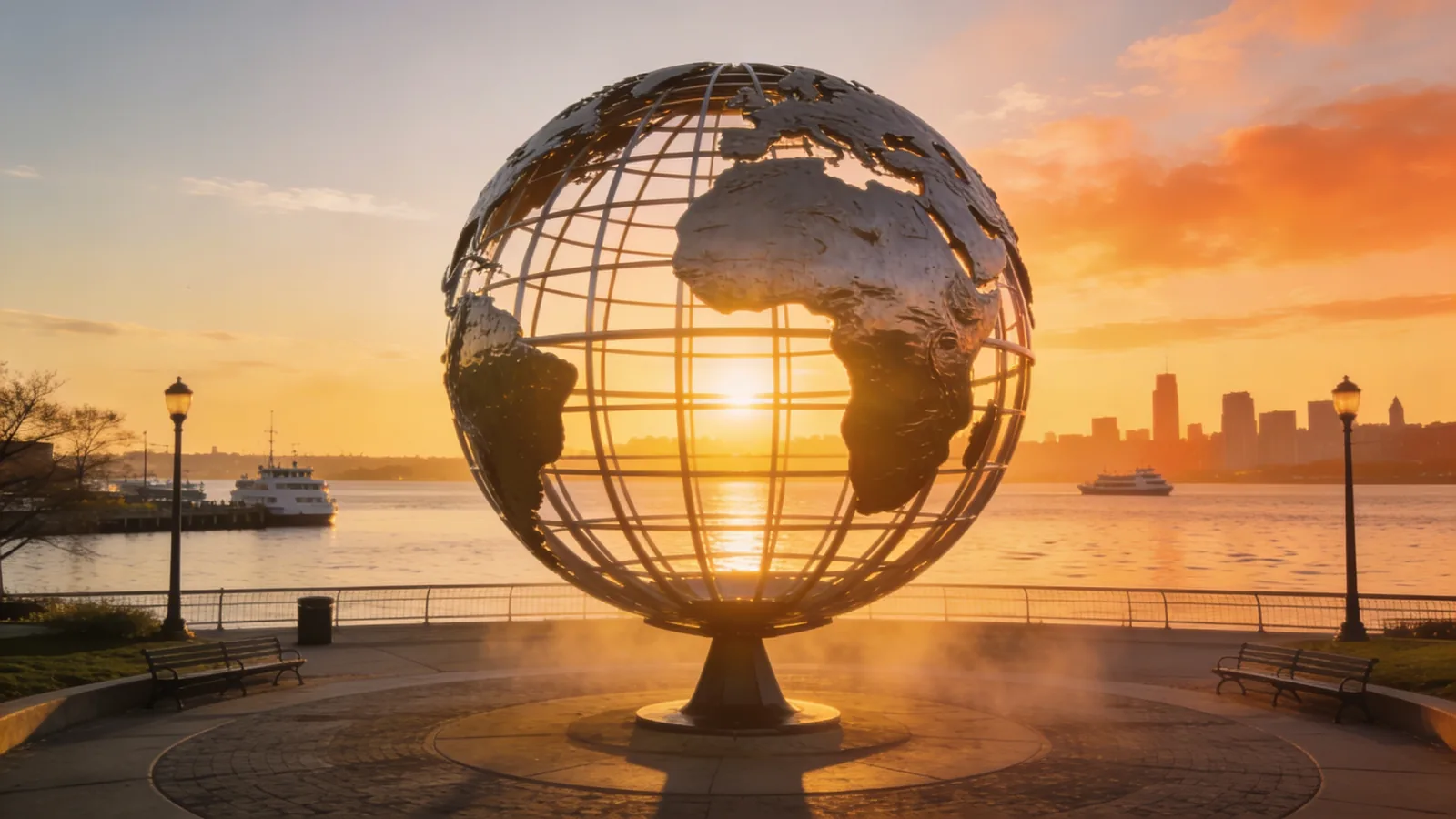 Battery Park early morning with The Sphere sculpture and harbor — how long is a Statue of Liberty visit starting point