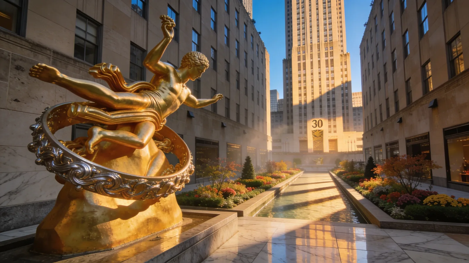 Rockefeller Plaza ground level with Prometheus statue and Channel Gardens — Top of the Rock visit tips ground level approach