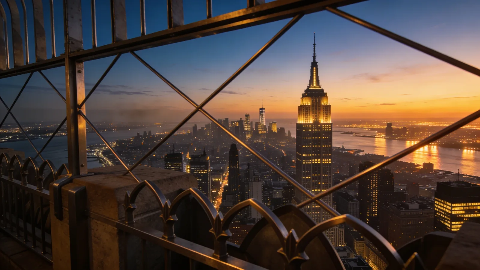View from Empire State Building 86th-floor open-air deck looking west toward Hudson at sunset — Empire State Building visit tips sunset deck