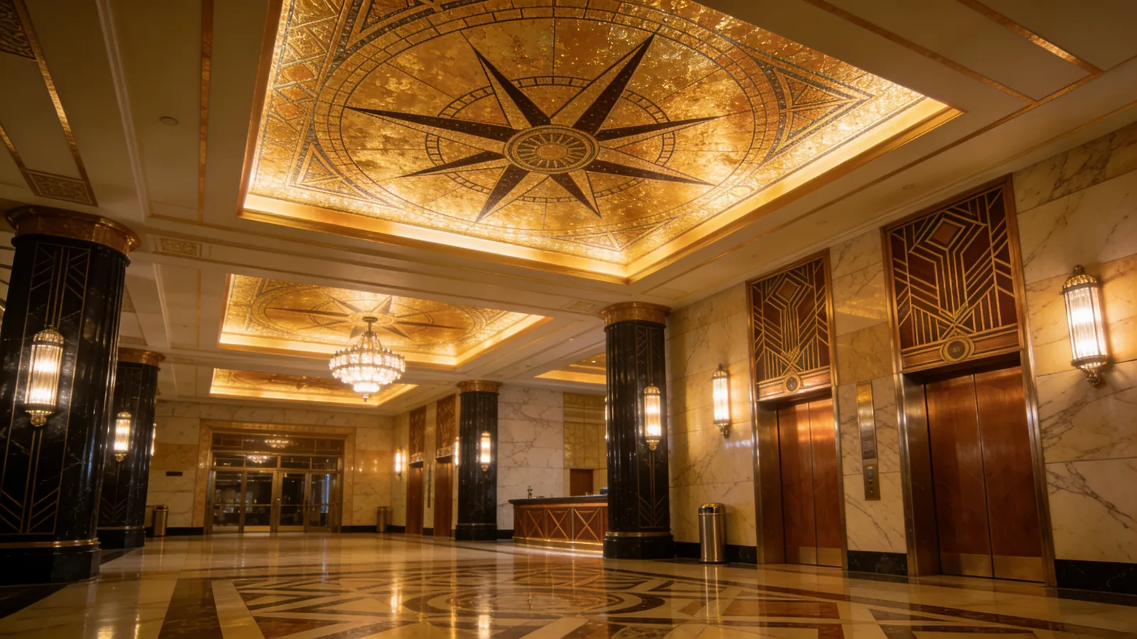 Empire State Building Art Deco lobby with restored marble and gold ceiling mural — Empire State Building visit tips lobby moment