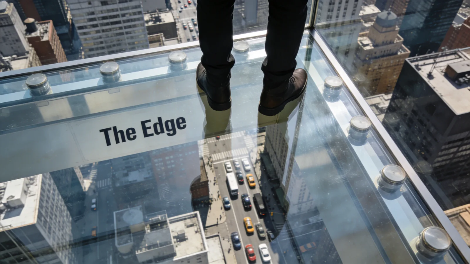 The Edge glass floor section showing transparent panel with Manhattan streets visible below — The Edge NYC visit guide glass floor moment