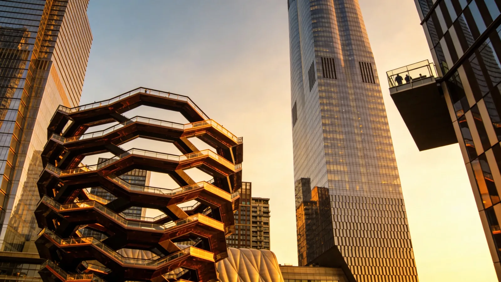 Hudson Yards complex with Vessel and 30 Hudson Yards tower at golden hour — The Edge NYC visit guide complex overview