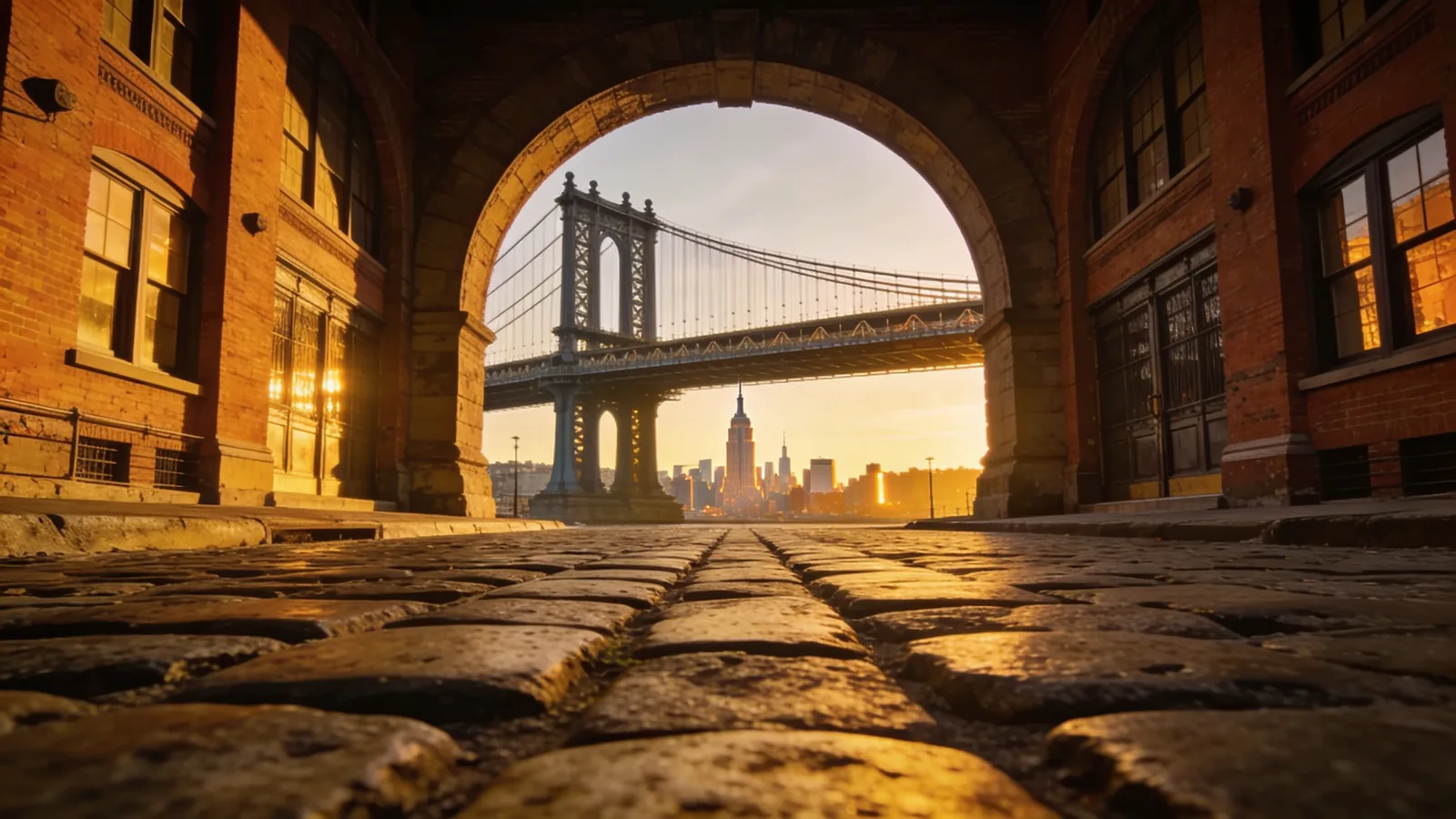 DUMBO Brooklyn cobblestone street with Manhattan Bridge framing Empire State — NYC hop on hop off route guide Stop 7 Brooklyn
