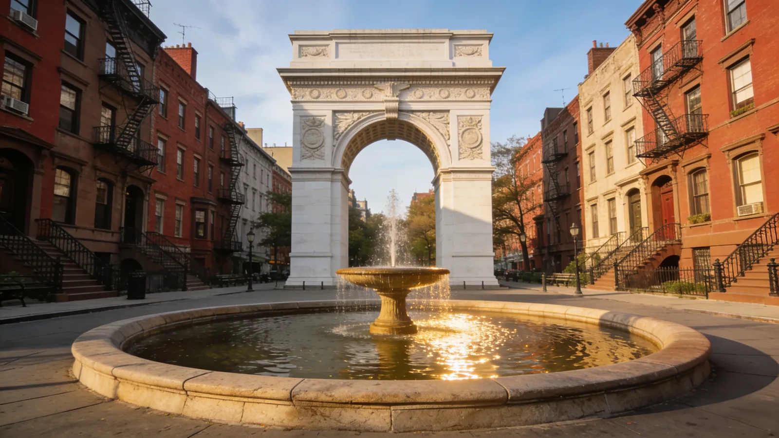 Washington Square Park arch and fountain with surrounding brownstones — NYC hop on hop off route guide Stop 1 Greenwich Village