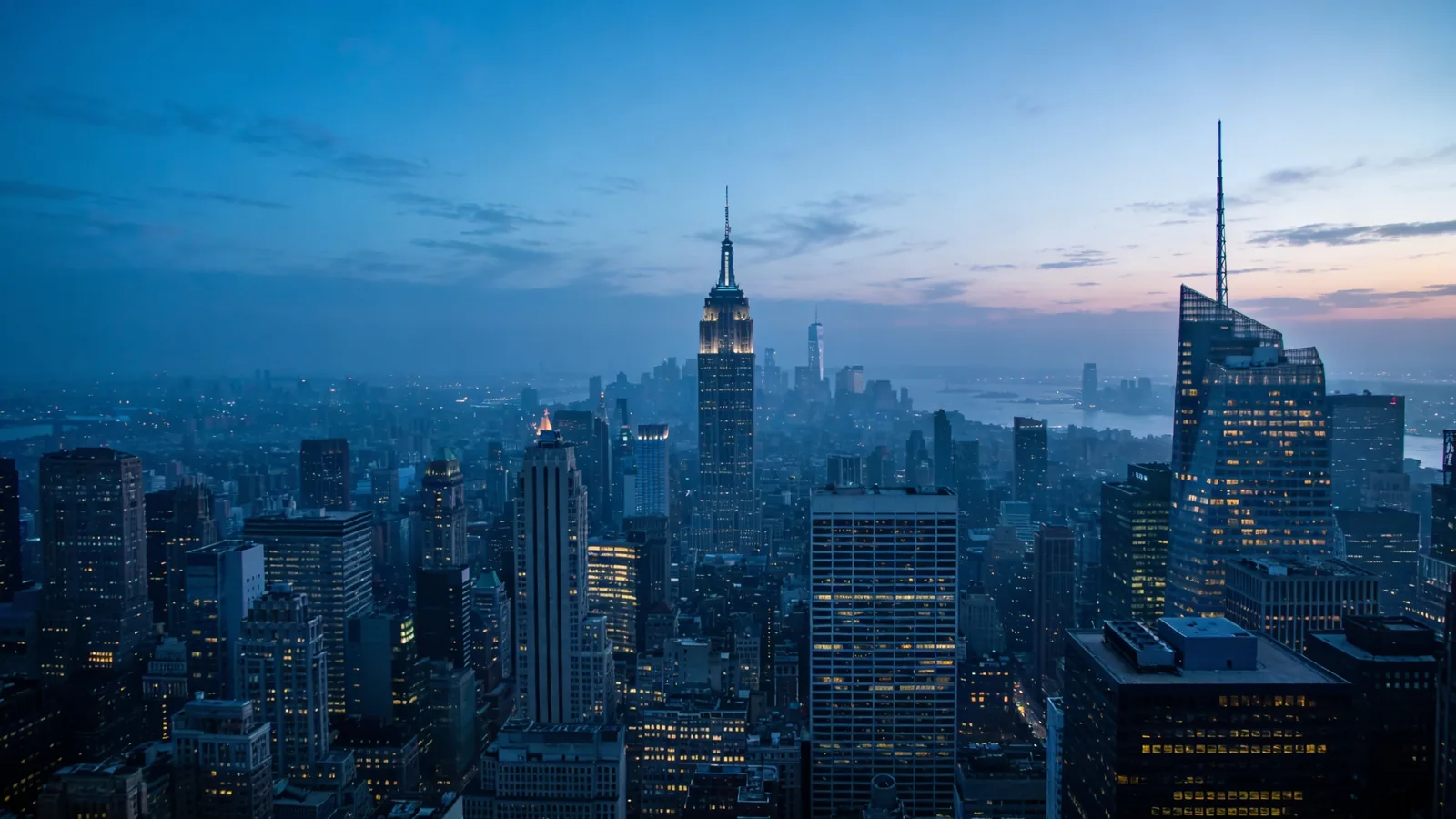 Manhattan skyline from Top of the Rock at dawn blue hour — best time to visit Top of the Rock early window
