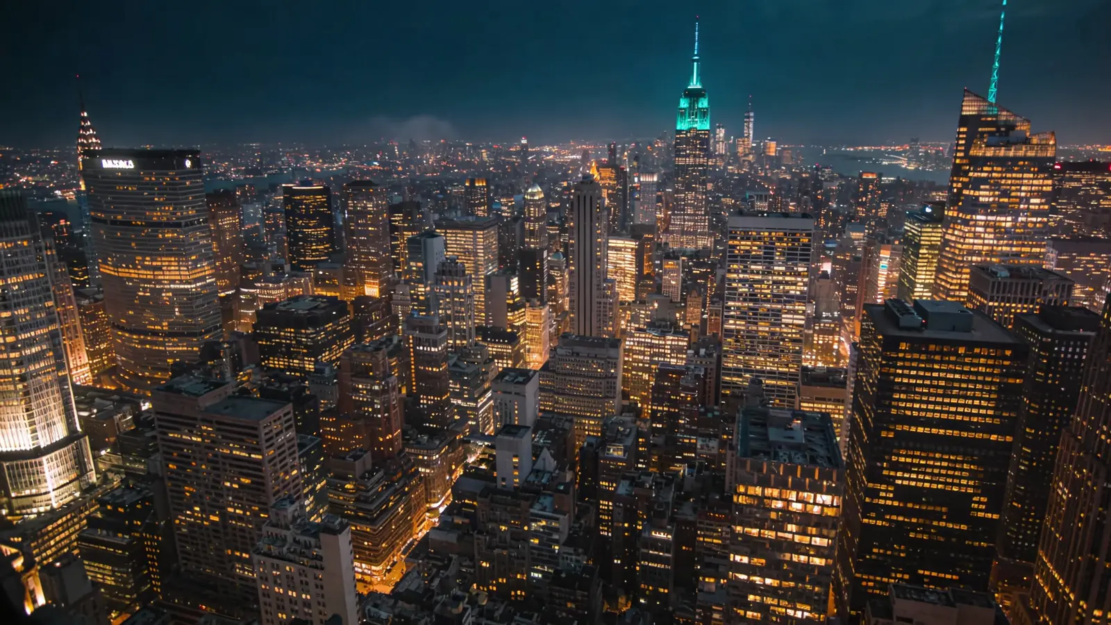 Manhattan skyline at night with city lights and special-color Empire State lighting — best time to visit Top of the Rock late-night window