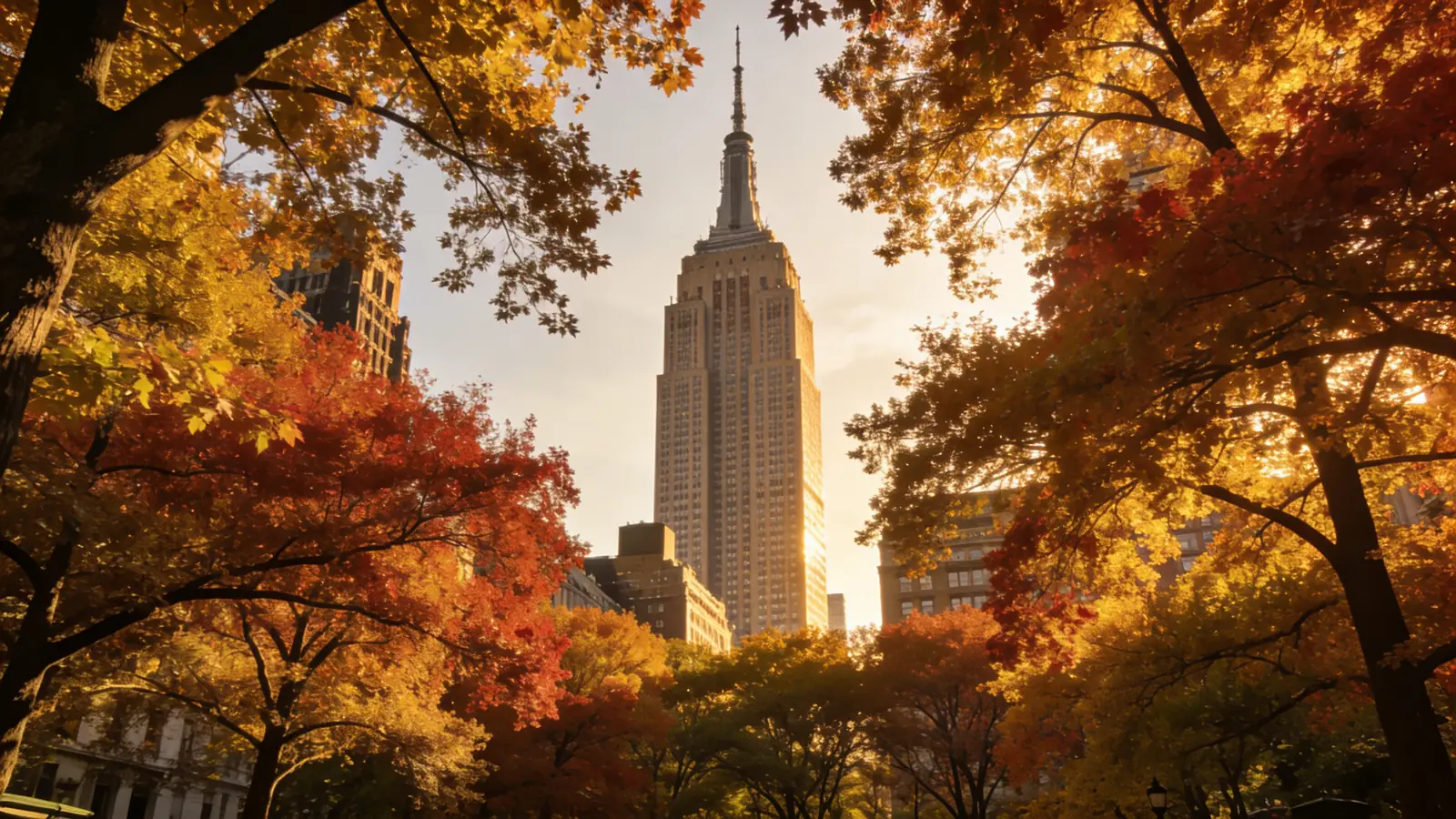 Empire State Building in autumn with golden-red trees in Bryant Park foreground — best time to visit Empire State autumn window