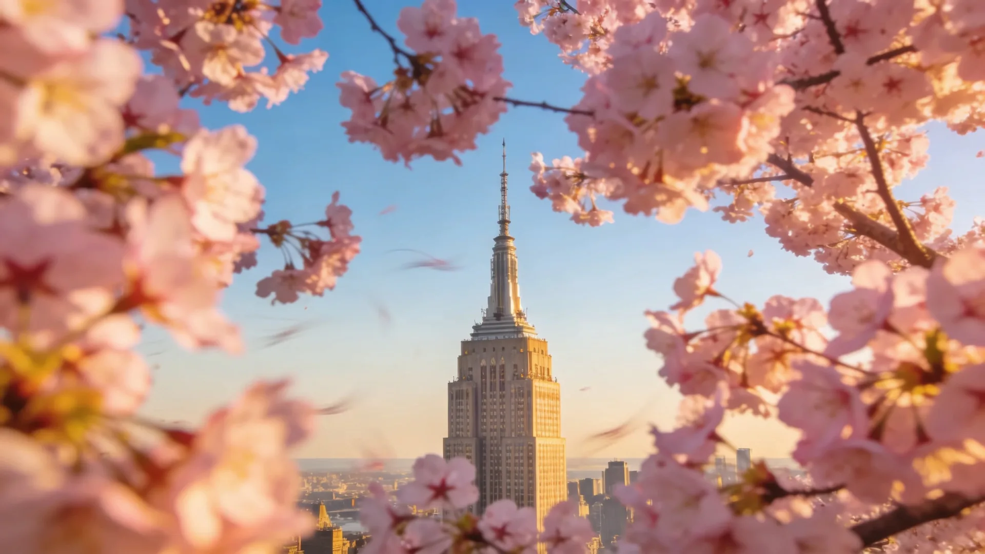 Empire State Building with cherry blossoms in foreground in spring — best time to visit Empire State guide