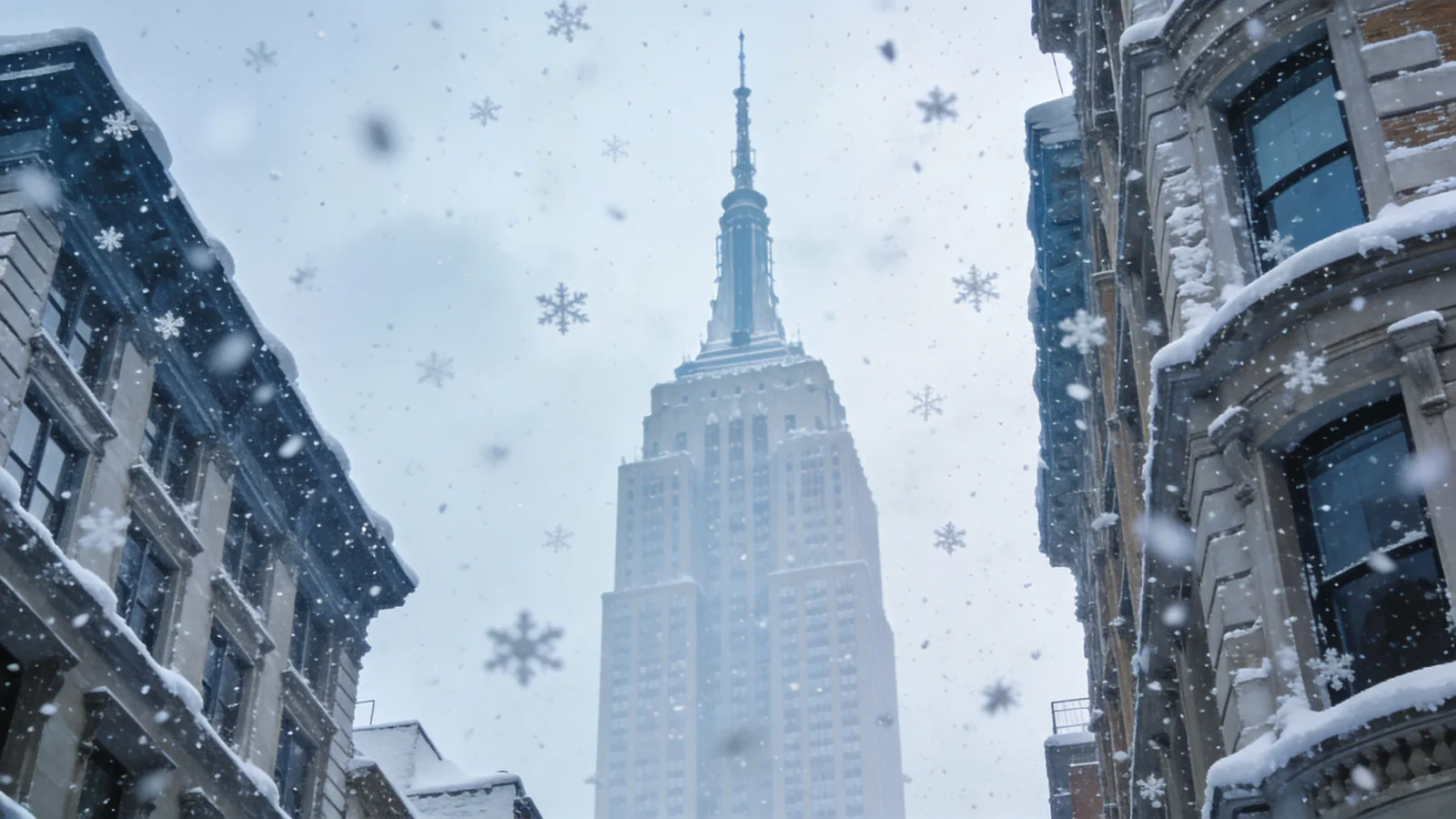 Empire State Building in winter snow with falling snowflakes and illuminated spire — best time to visit Empire State winter window