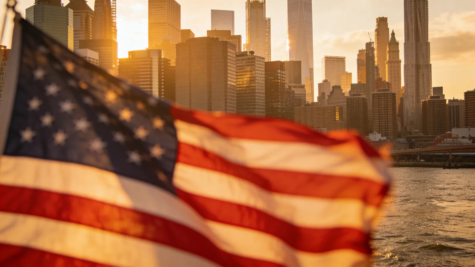 American flag in soft focus with the New York City skyline at golden hour — things to do in NYC on July 4th summer celebration