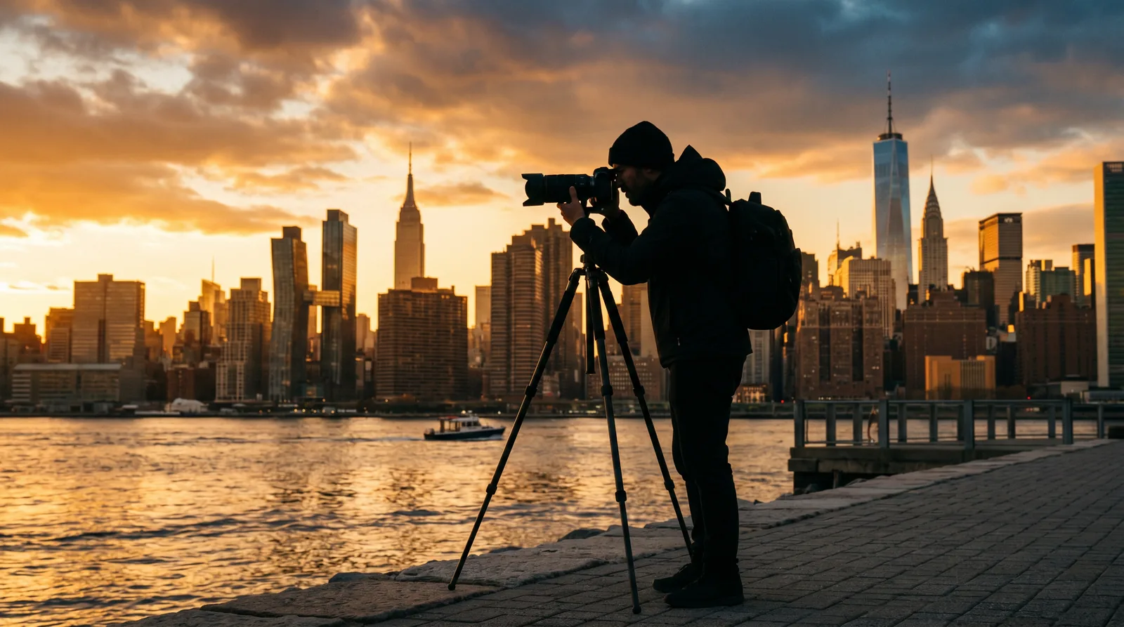 Photographer silhouetted against the NYC skyline at golden hour — choosing the best observation deck NYC for sunset