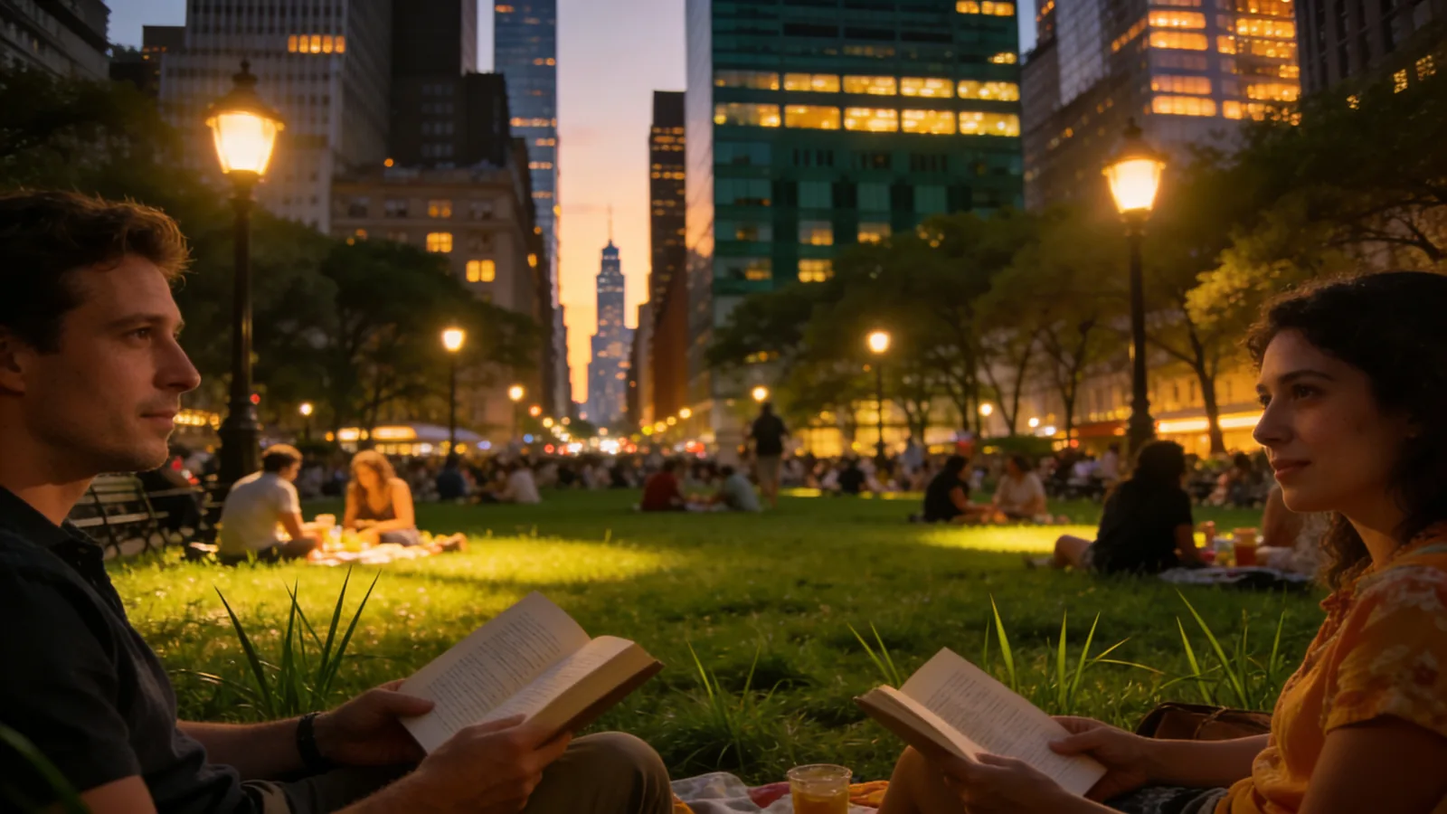 Bryant Park in the evening with skyscrapers — NYC summer 2026 visitor guide midtown anchor