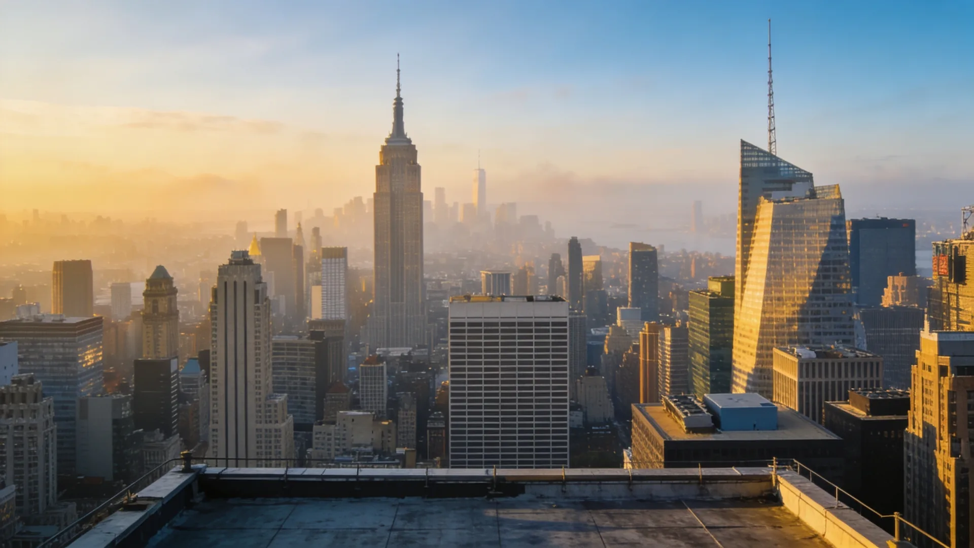 Manhattan skyline at golden hour from a rooftop in summer — NYC summer 2026 visitor guide cover