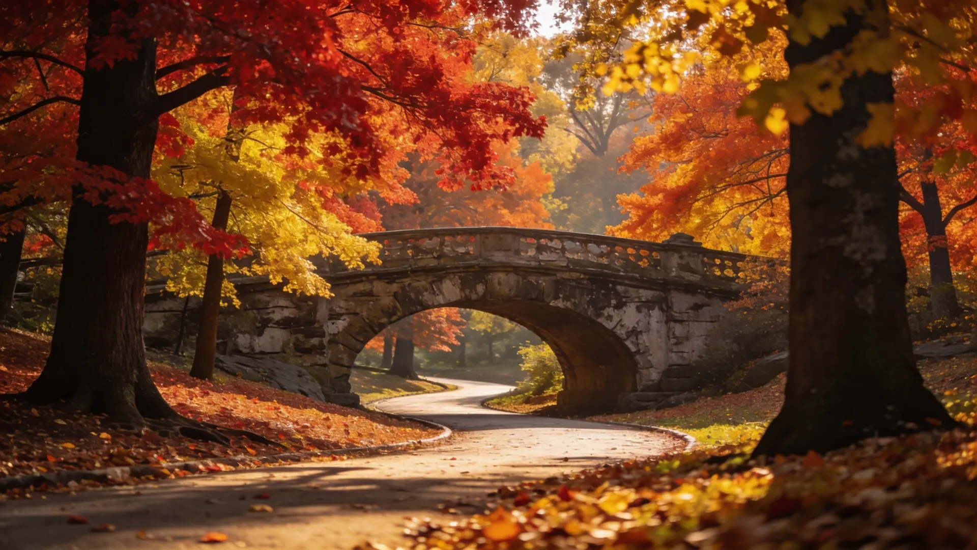 Central Park walking path with peak autumn foliage leading to stone bridge — fall foliage in Central Park 2026 guide