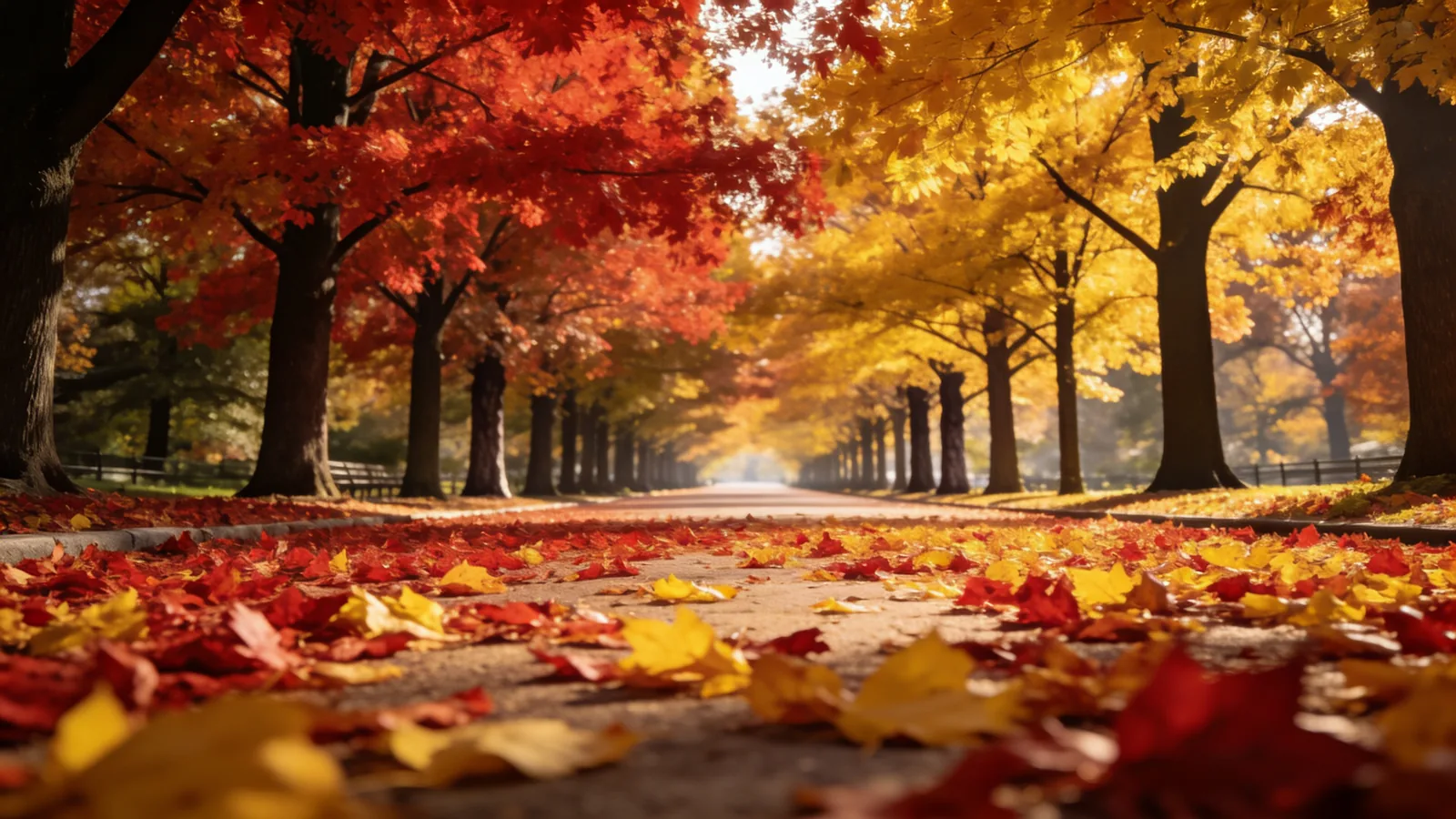 The Mall in Central Park in peak autumn with tree-lined promenade and fallen red yellow leaves carpeting the ground — fall foliage in Central Park 2026 Peak 1