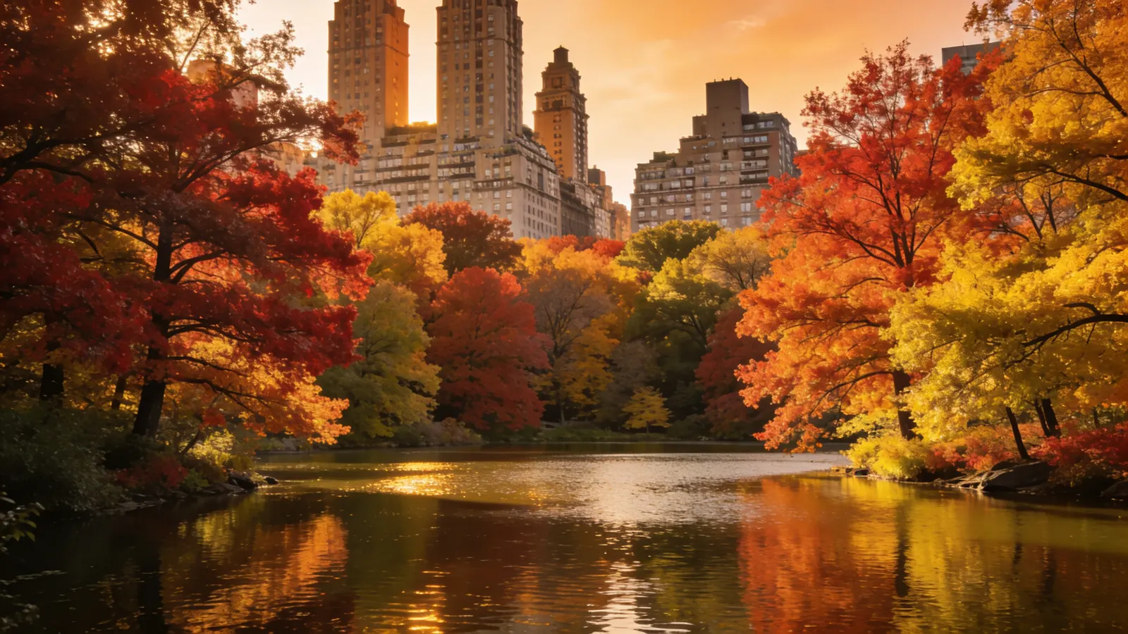 The Pond in Central Park in autumn with Central Park South skyline behind the colorful trees — fall foliage in Central Park 2026 Peak 3 skyline composition