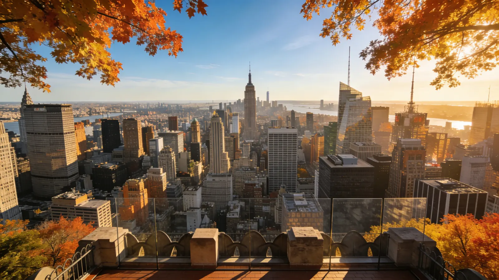 Top of the Rock 70th floor outdoor deck during clear autumn afternoon — Top of the Rock in fall deck experience