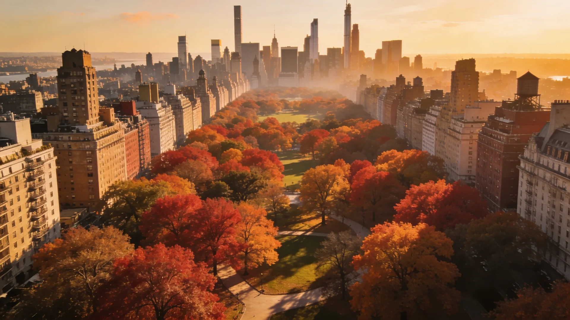 View from Top of the Rock looking north toward Central Park in peak fall foliage — Top of the Rock in fall iconic shot