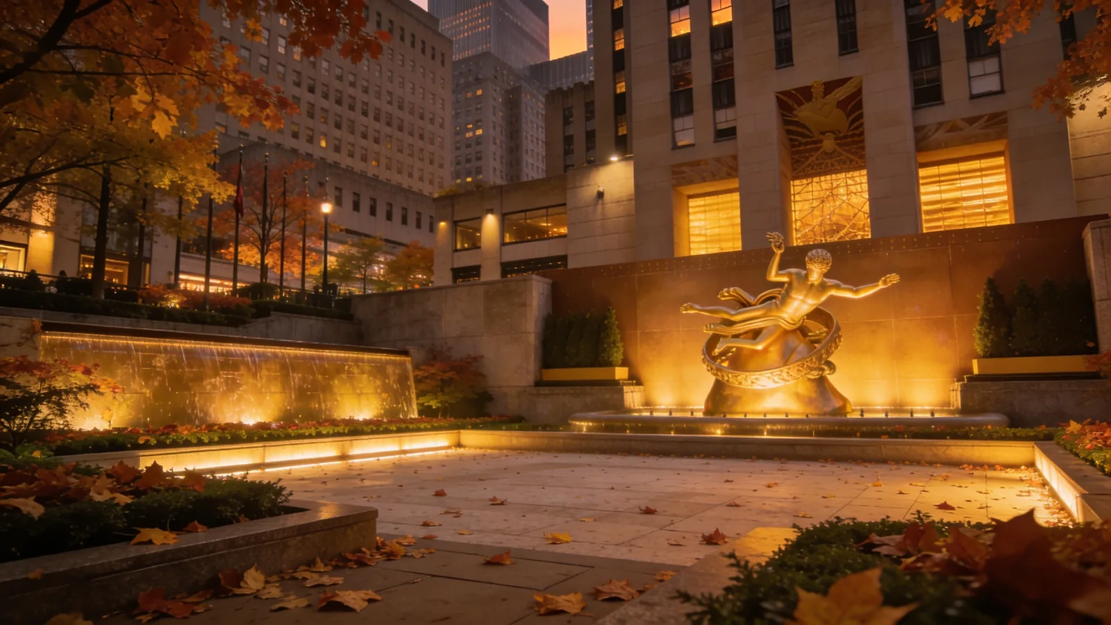 Rockefeller Plaza in autumn with Prometheus and Channel Gardens — Top of the Rock in fall ground level approach