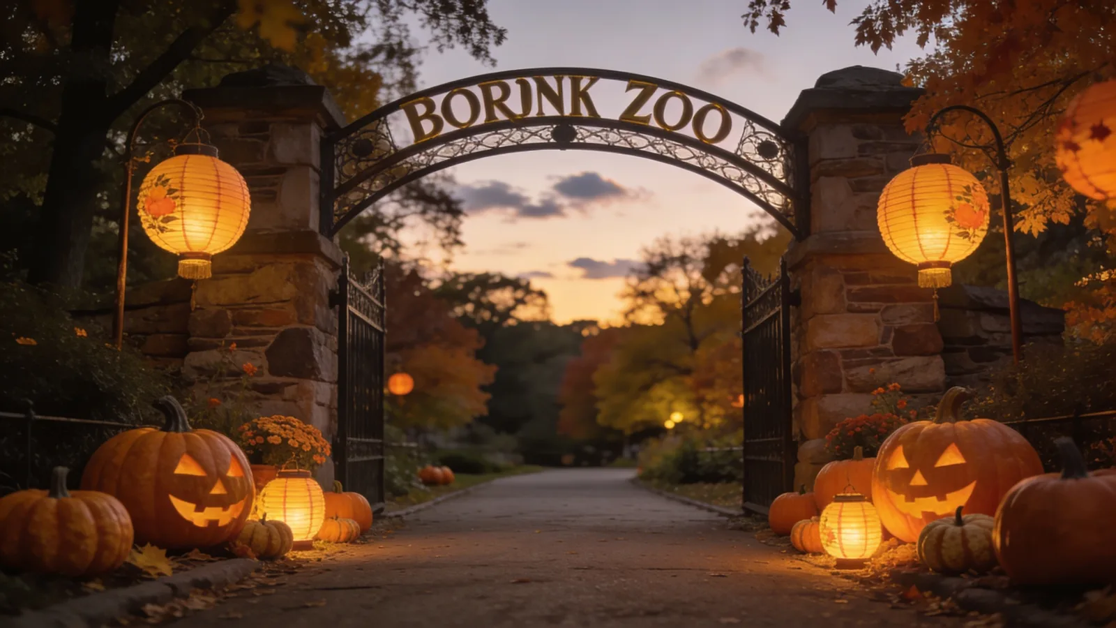 Bronx Zoo entrance arch at dusk in late October with autumn lanterns — NYC Halloween 2026 visitor guide family option