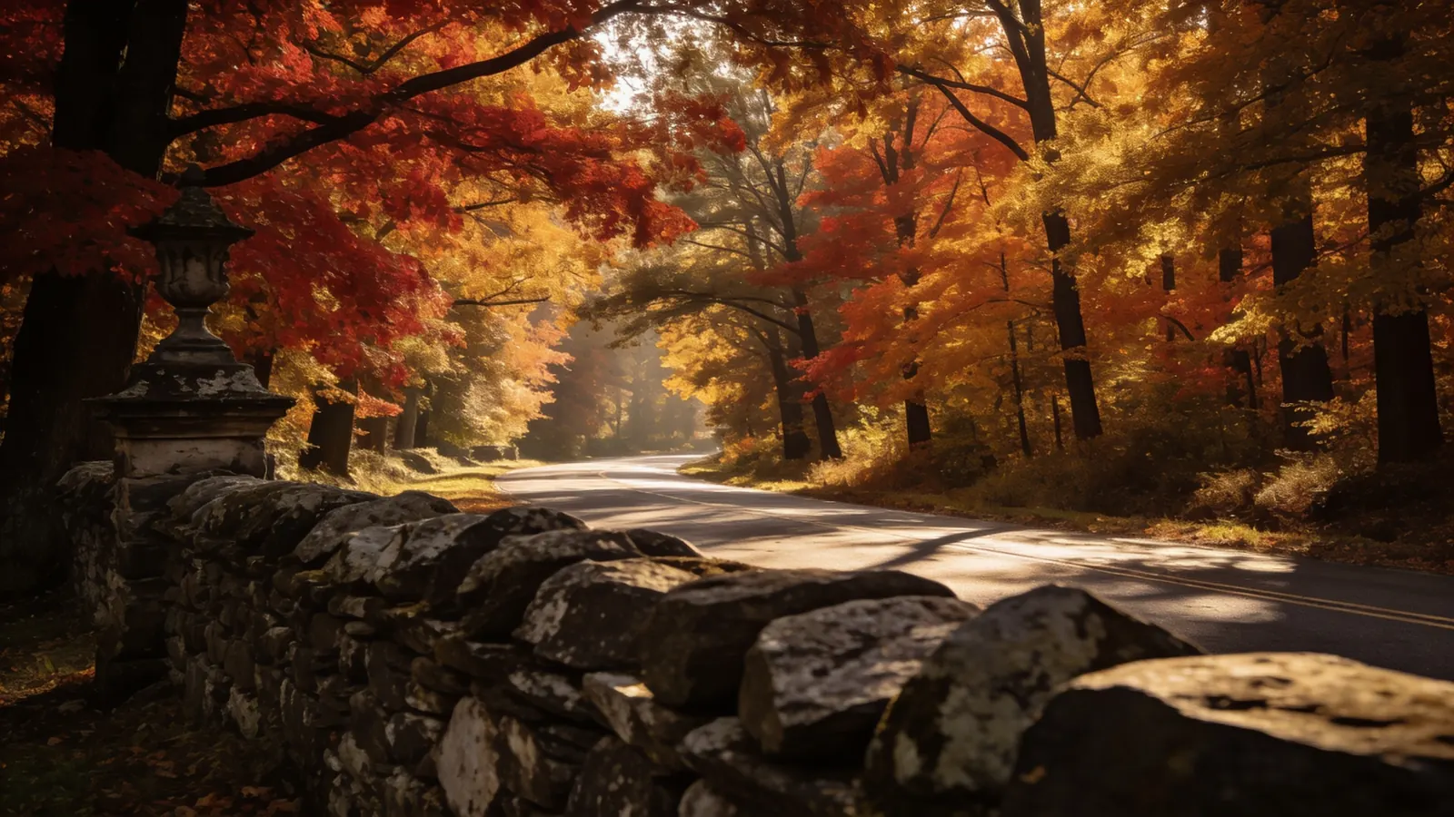 Tree-lined upstate New York country road in late October peak foliage with stone wall — NYC Halloween 2026 visitor guide Sleepy Hollow day trip
