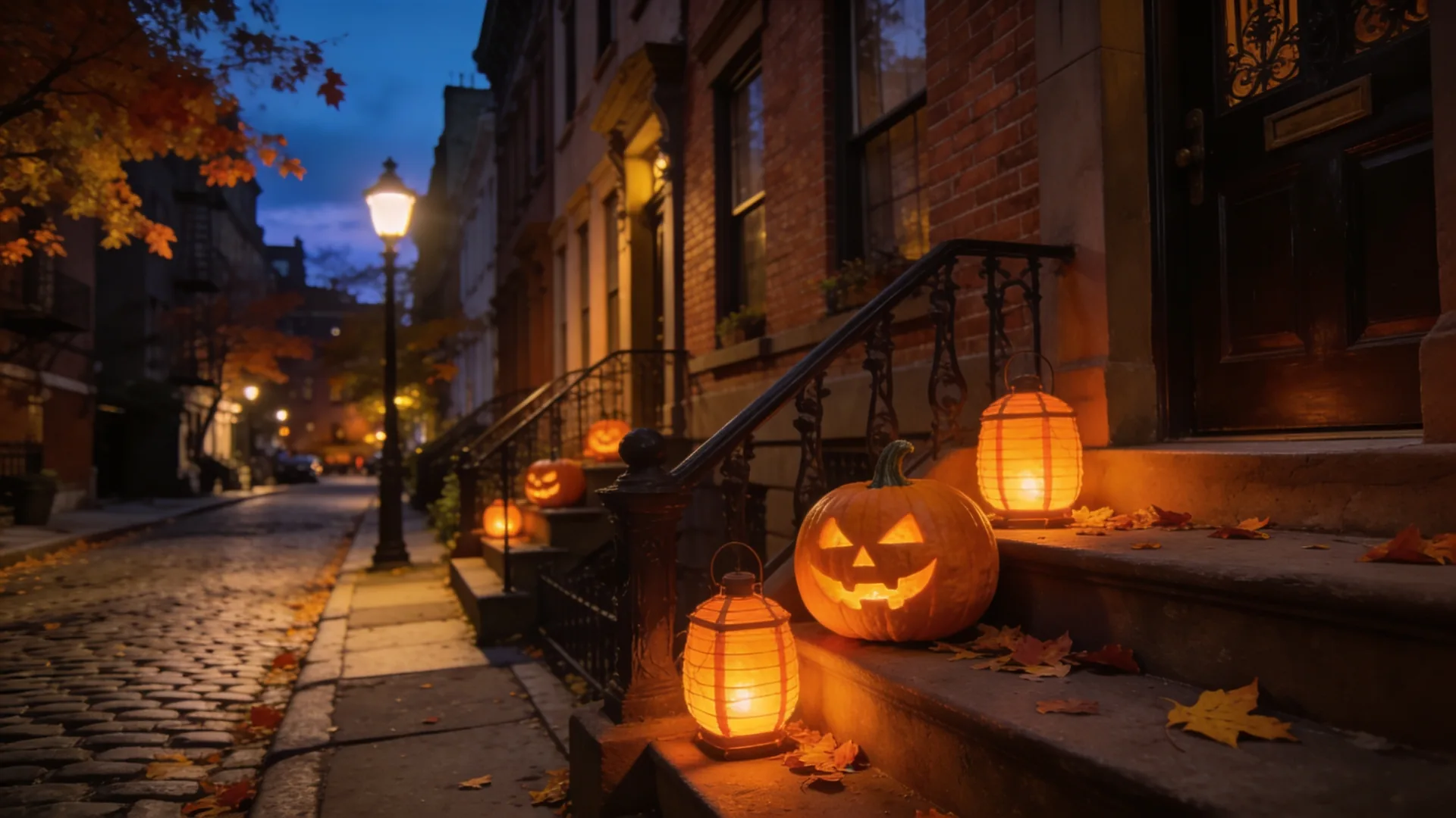 Greenwich Village brownstone street at twilight on a Halloween evening with carved pumpkins on the steps — NYC Halloween 2026 visitor guide neighborhood walk