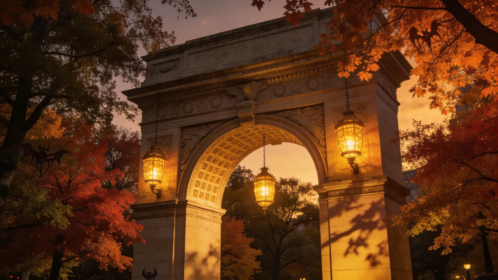 Washington Square Park arch at dusk with autumn trees and lanterns — NYC Halloween 2026 visitor guide parade-adjacent atmosphere
