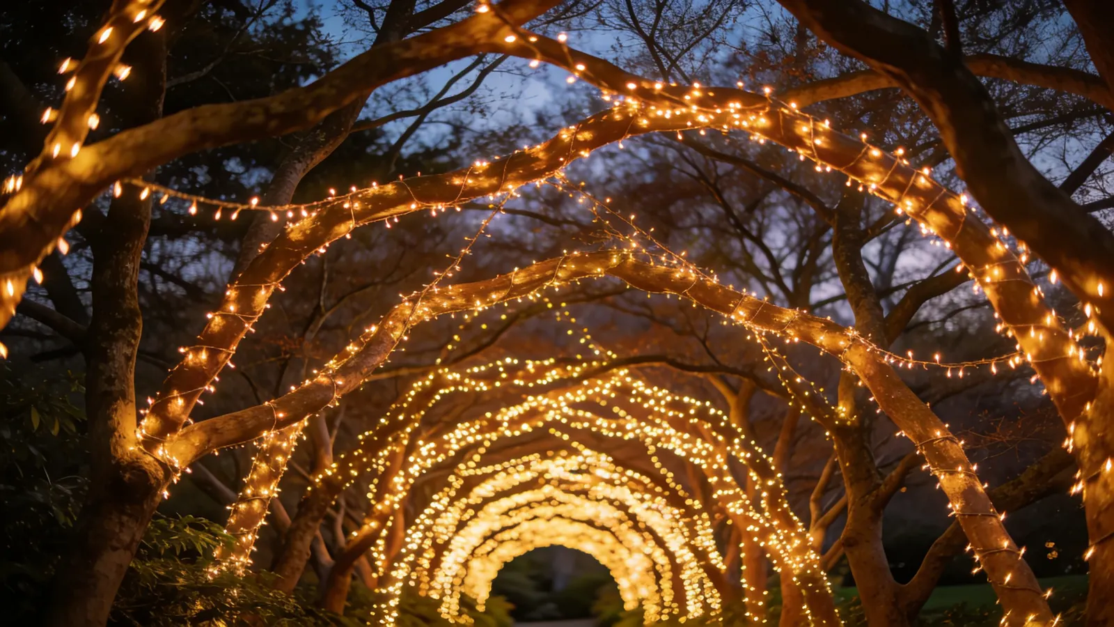 Brooklyn Botanic Garden Lightscape evening with warm holiday lights woven through tree branches — Christmas in NYC 2026 evening event