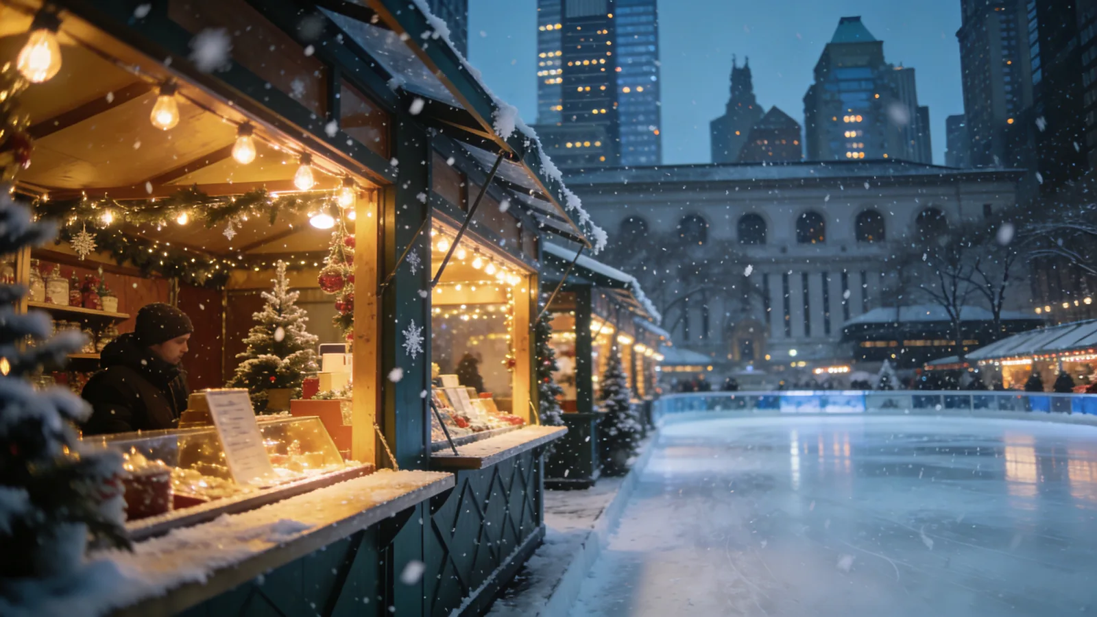 Bryant Park Winter Village holiday market with ice rink and skyscrapers — Christmas in NYC 2026 market