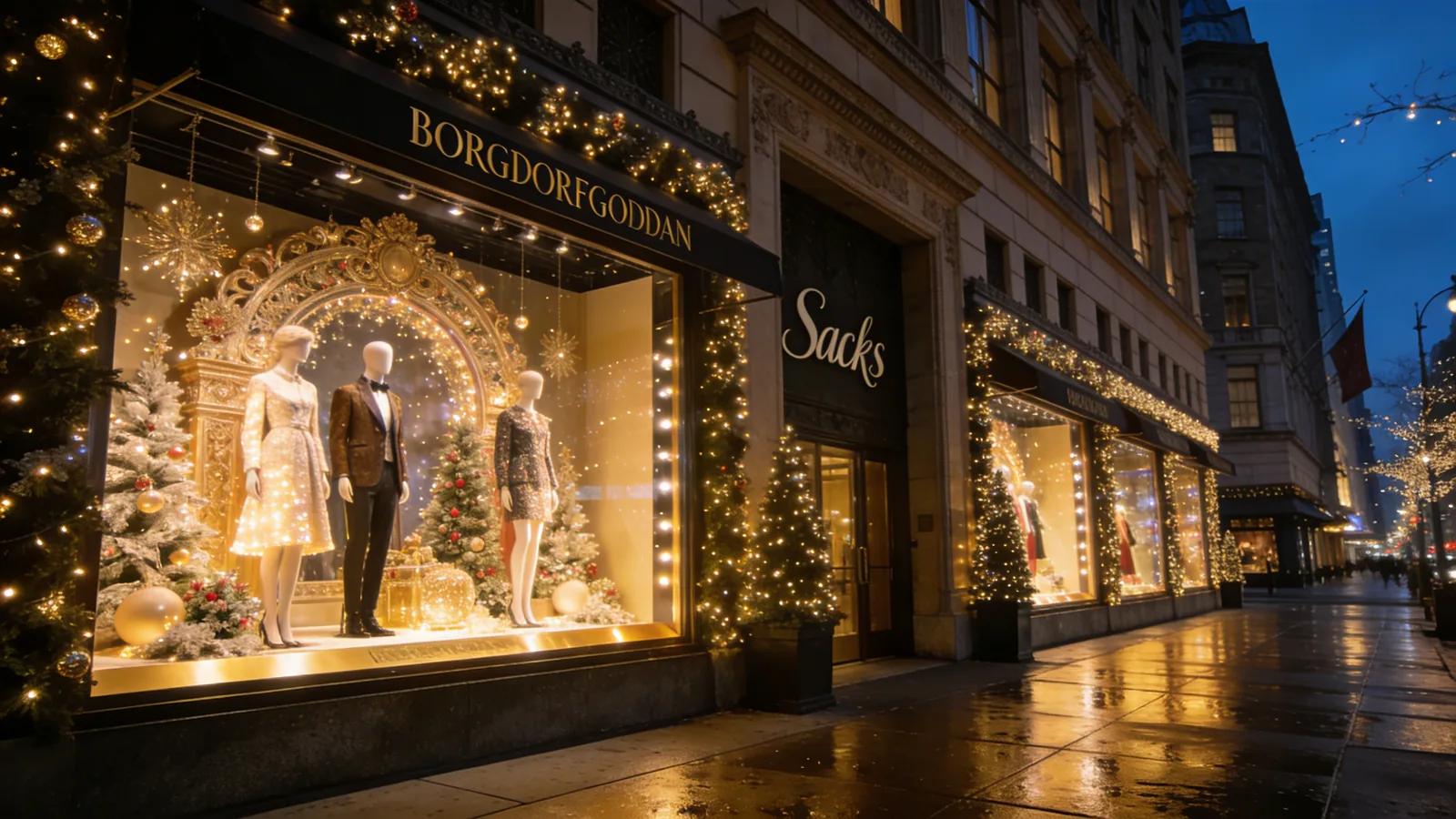 Fifth Avenue at night during December with elaborate holiday window displays at Bergdorf and Saks — Christmas in NYC 2026 window walking