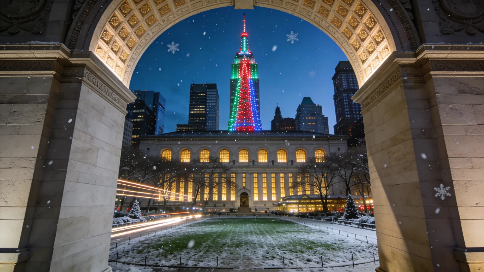 Empire State Building view from Bryant Park with NYPL Beaux Arts facade framing the lit spire — Empire State holiday lights Bryant Park angle