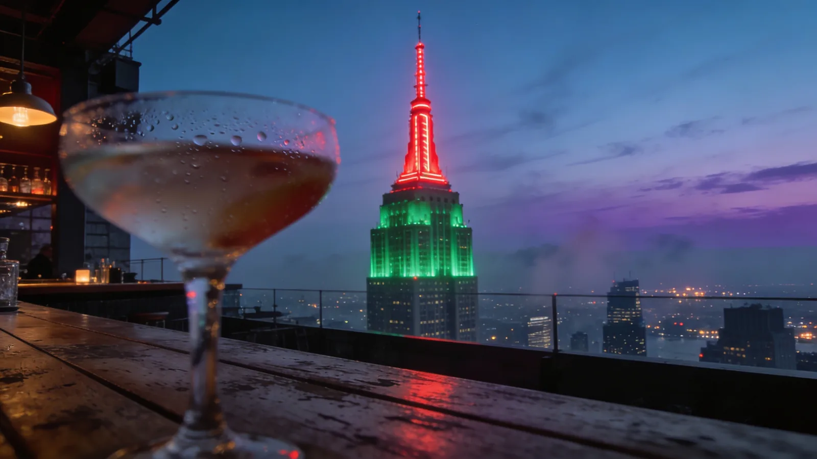 Empire State Building lit in holiday colors viewed from midtown rooftop bar with cocktail glass — Empire State holiday lights rooftop angle