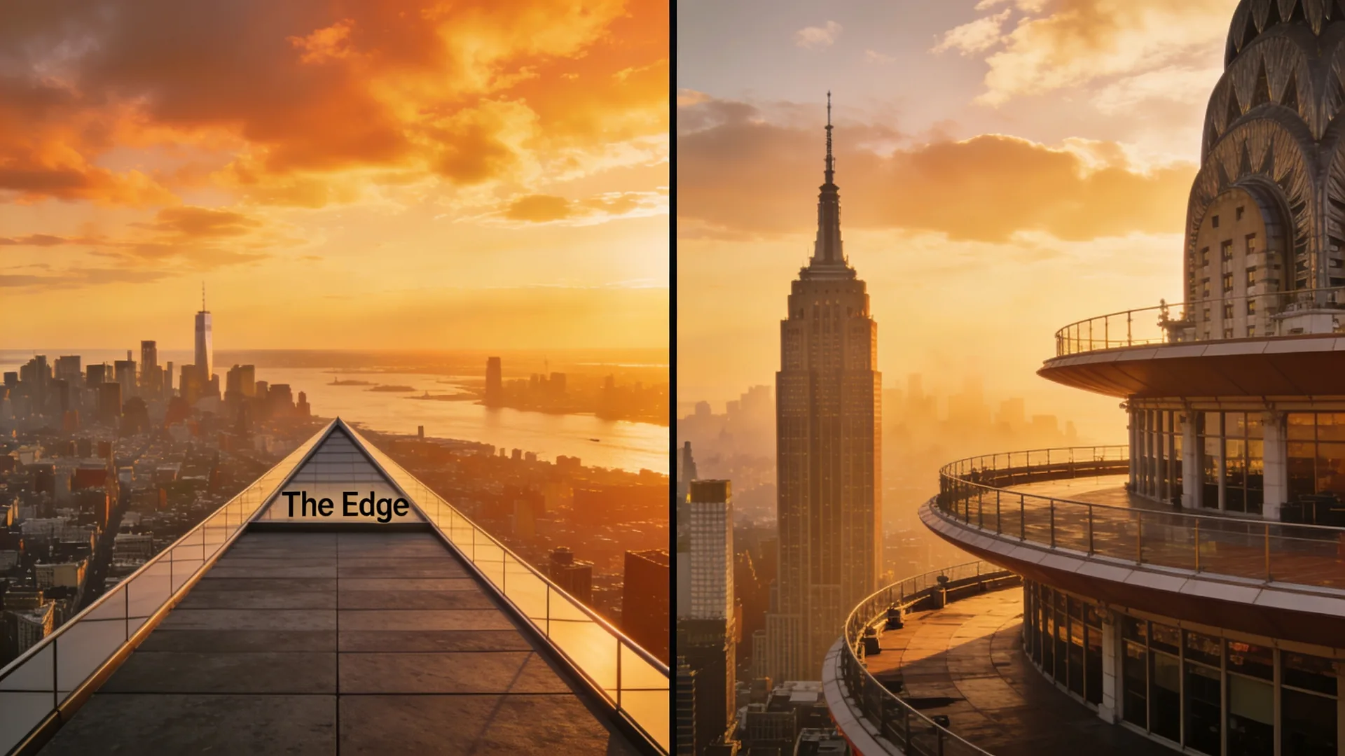 Split scene showing The Edge triangular deck and Top of the Rock multi-tier deck — The Edge vs Top of the Rock comparison