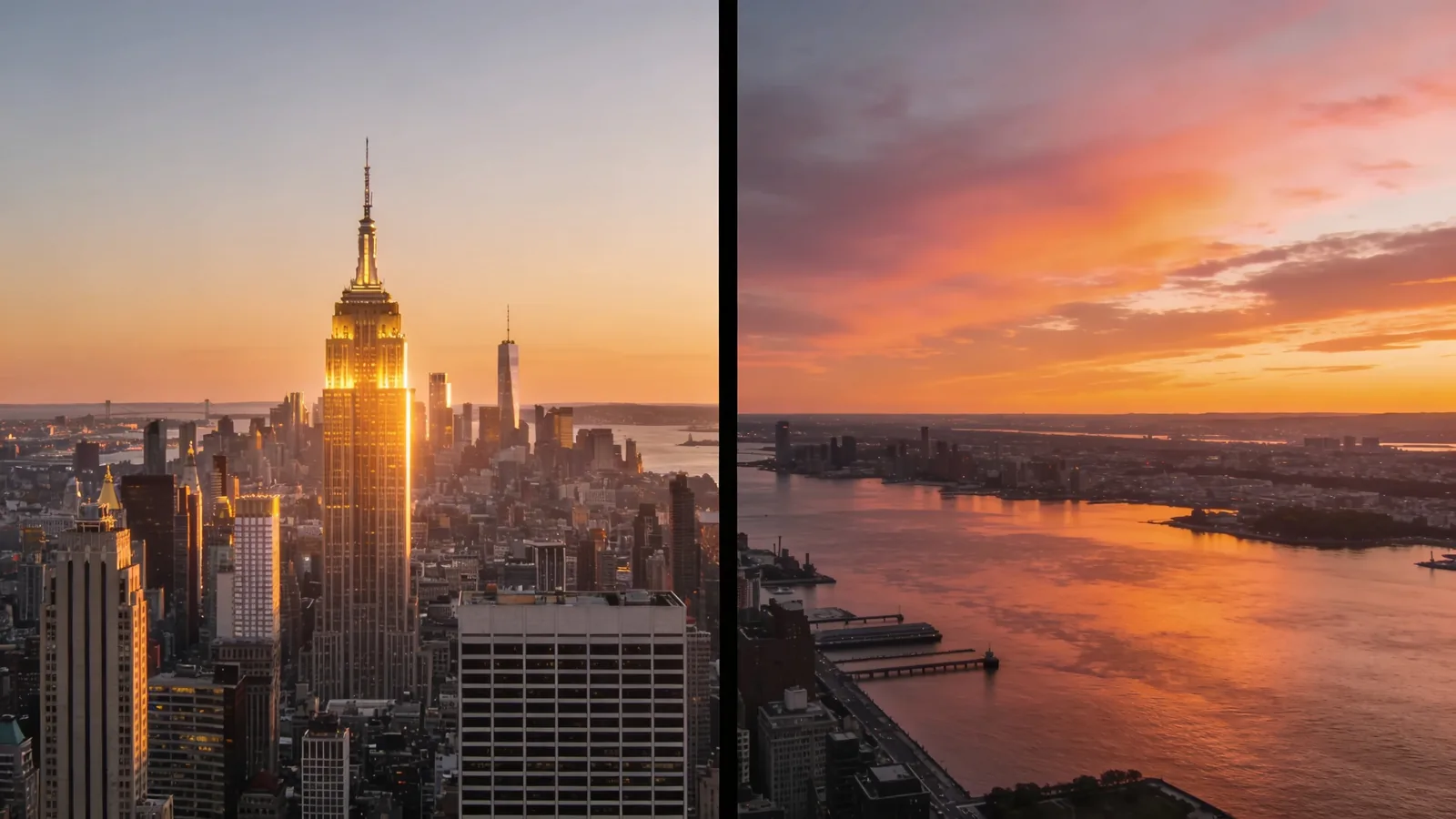Side-by-side composition of two skyline photographs at sunset — The Edge vs Top of the Rock comparison