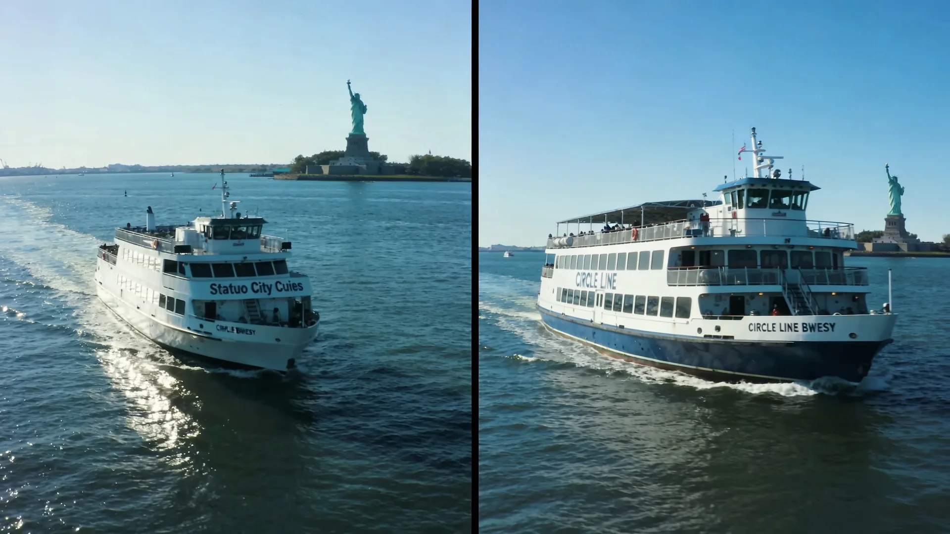 Split scene showing Statue City Cruises ferry and Circle Line sightseeing boat in New York Harbor — Liberty Cruise vs Circle Line comparison