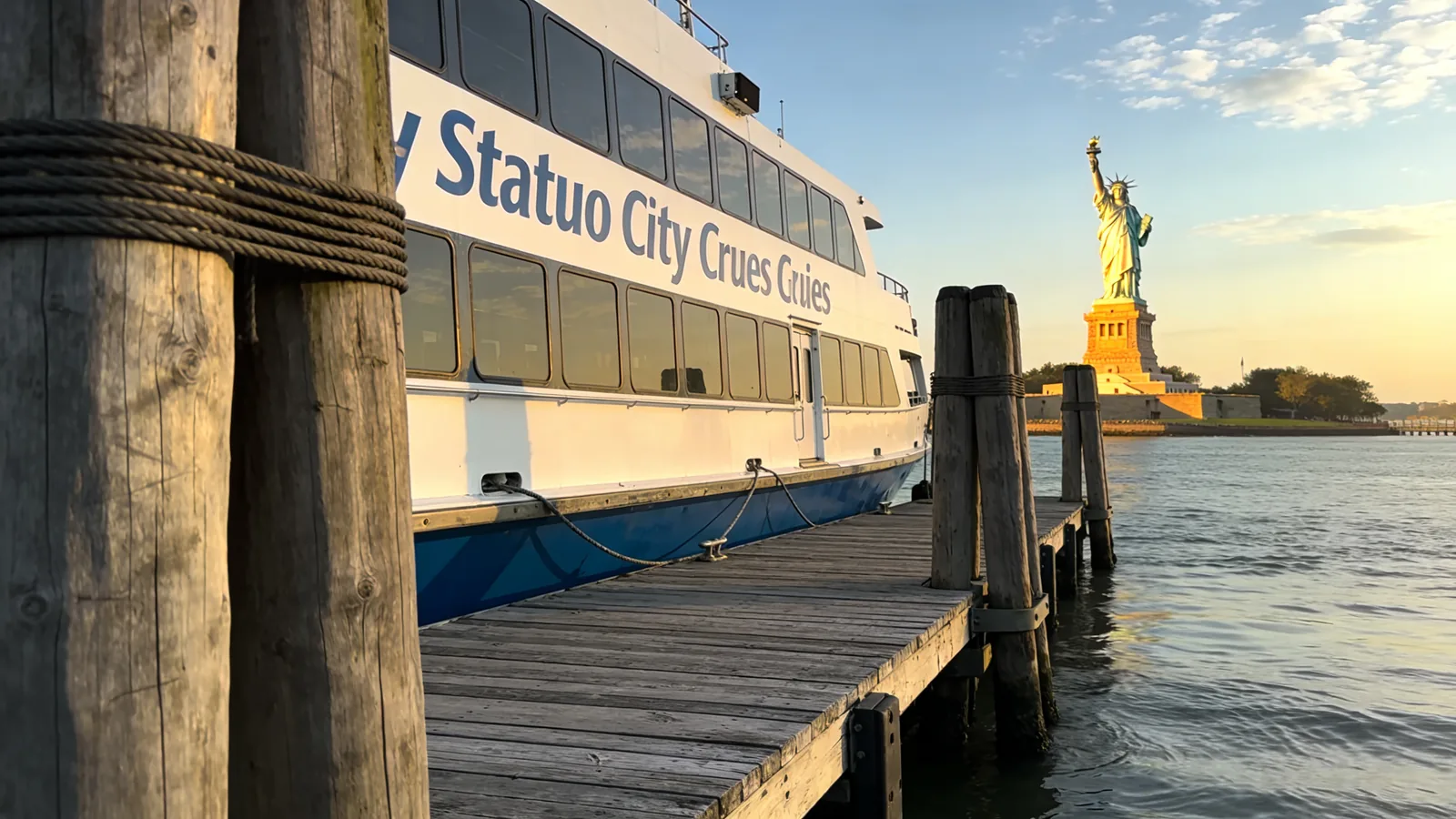 Statue City Cruises ferry docked at Liberty Island pier with statue behind — Liberty Cruise vs Circle Line landing option
