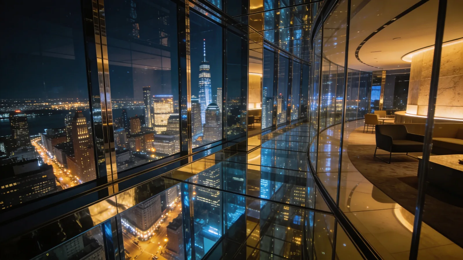 Enclosed glass observation deck high above New York City at night — best Empire State Building ticket Top Deck premium pick