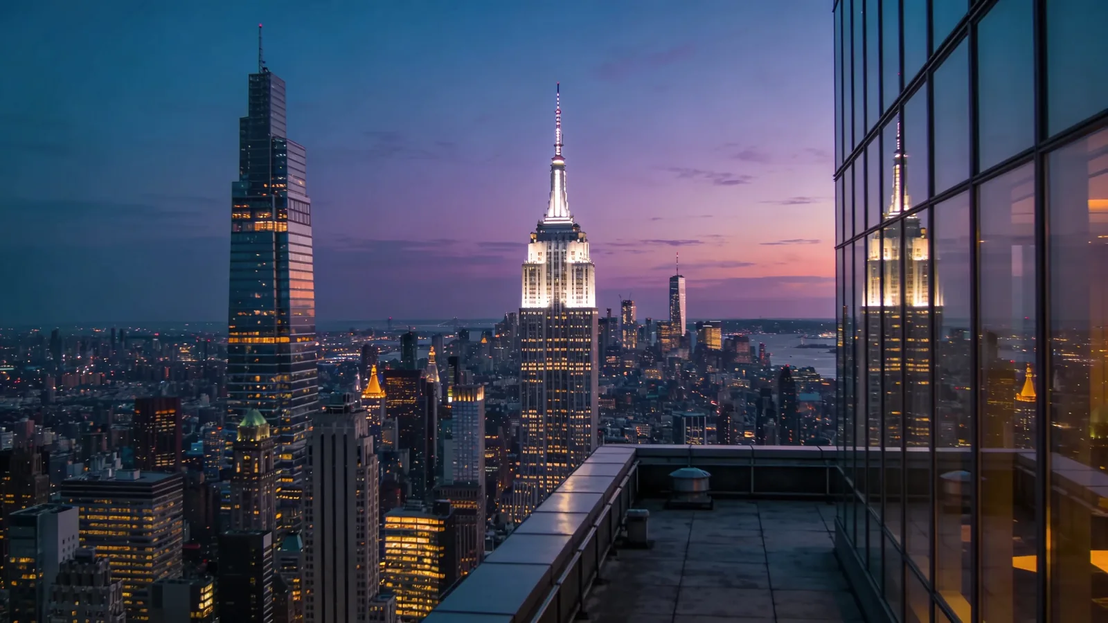 Empire State Building at twilight from a midtown rooftop with Art Deco spire — Empire State vs One World Observatory midtown view