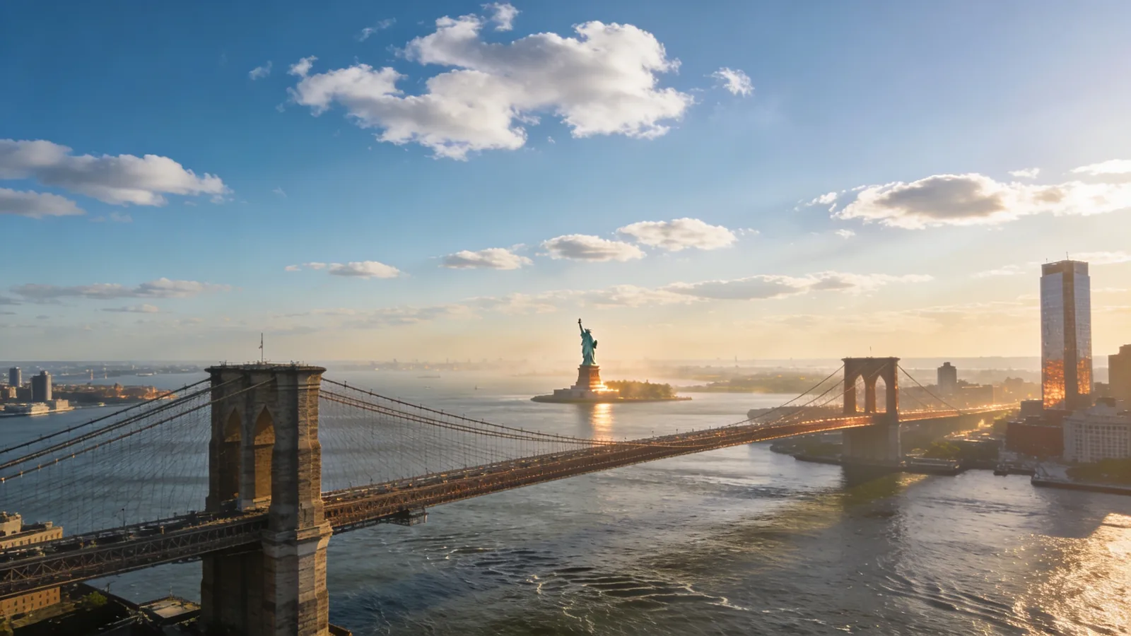 View from One World Observatory looking south toward harbor with Statue of Liberty visible — Empire State vs One World Observatory downtown view