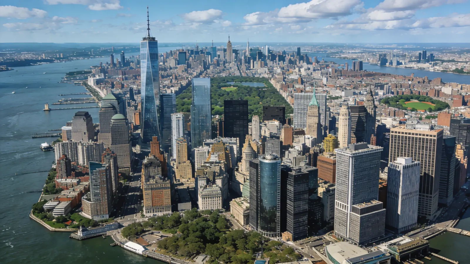 Manhattan island from high altitude showing entire skyline harbor to Central Park — Top of the Rock vs One World Observatory full survey