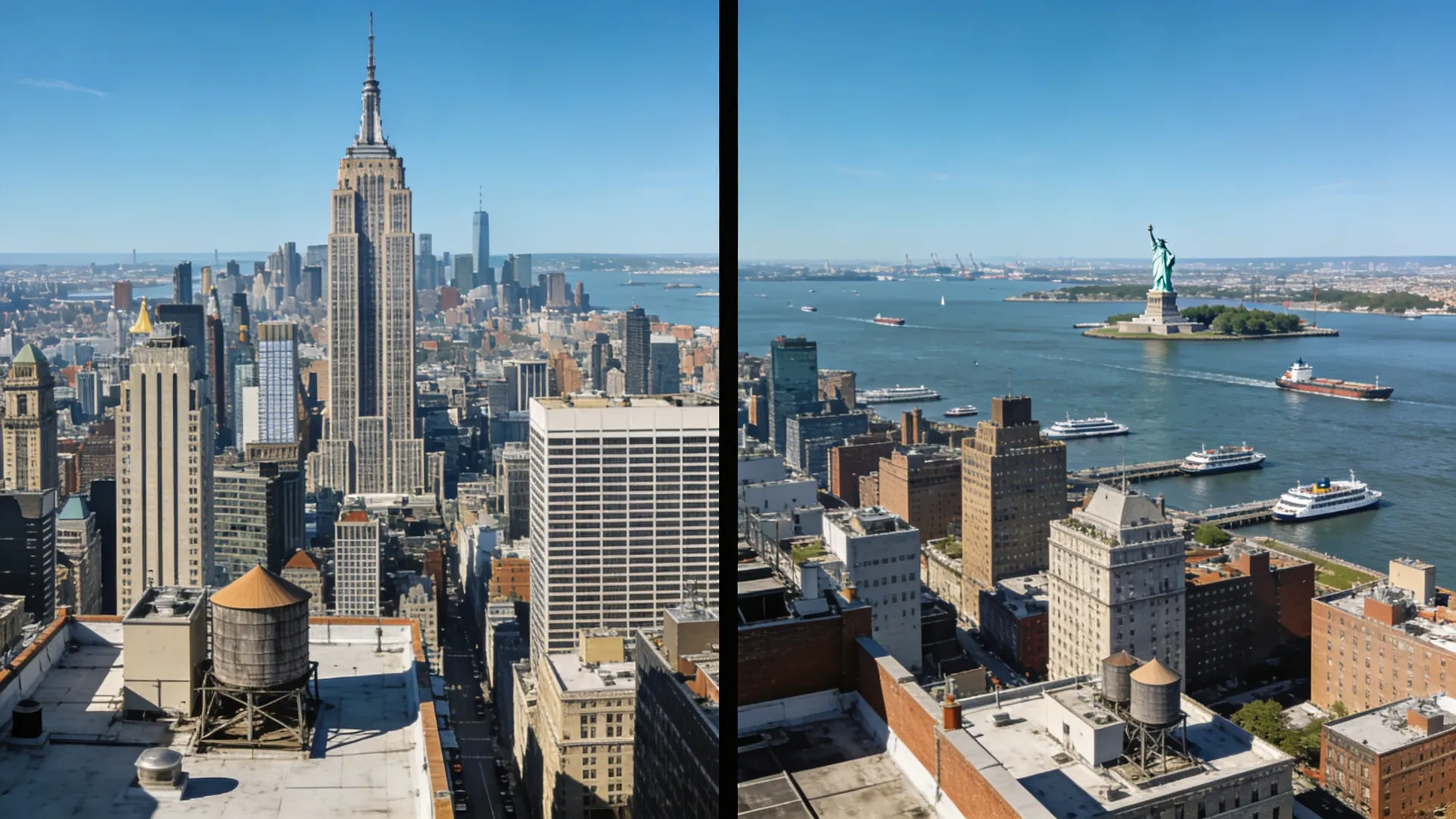 Split scene showing midtown view with Empire State and downtown view with harbor — Top of the Rock vs One World Observatory cover