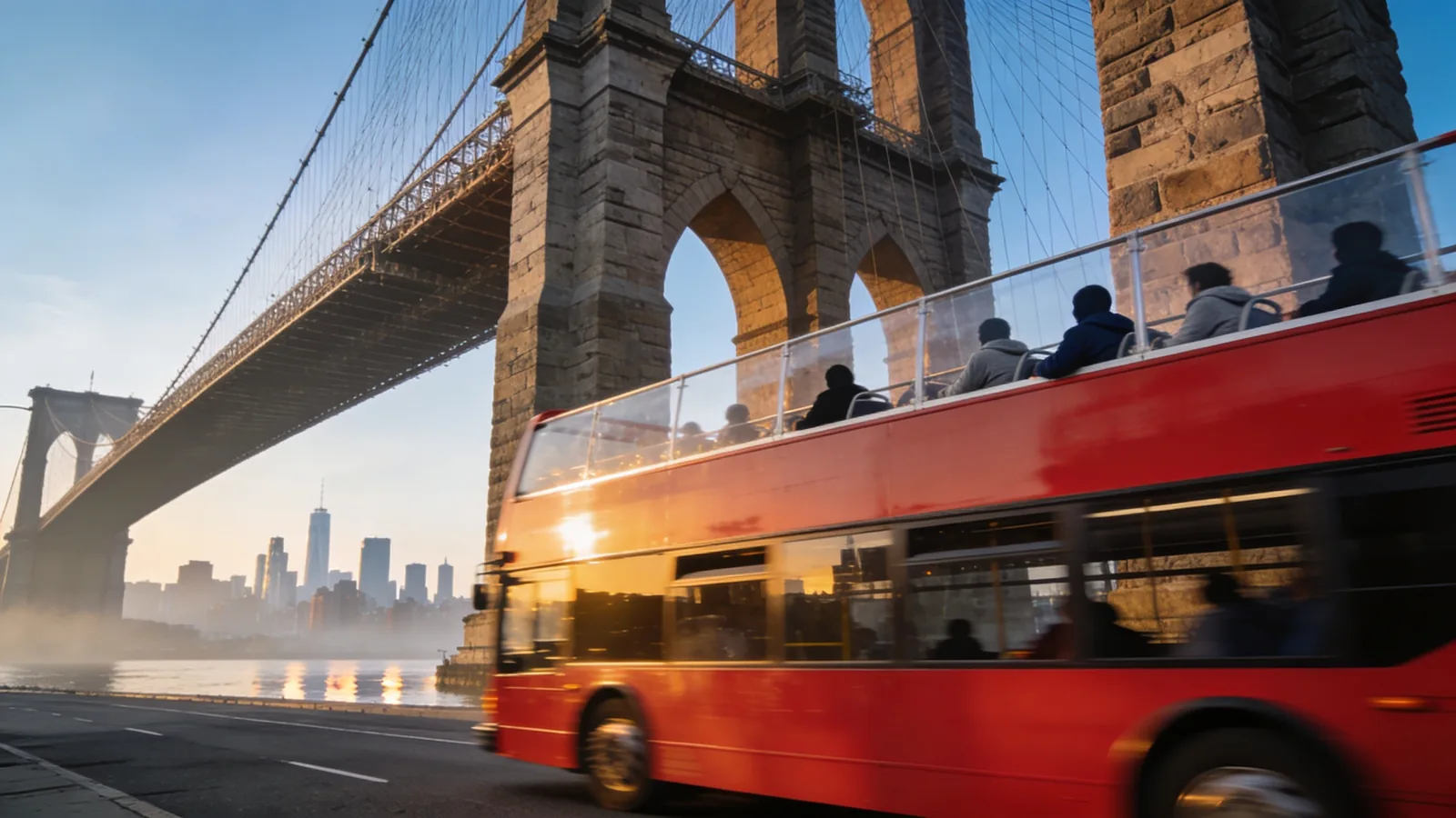 Open-top double-decker tour bus driving past Brooklyn Bridge in afternoon — Hop On Hop Off vs Guided Tour bus side