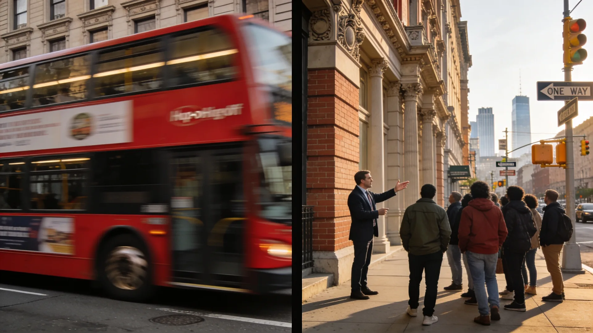 Split-screen scene of hop on hop off bus and guided walking tour — Hop On Hop Off vs Guided Tour comparison