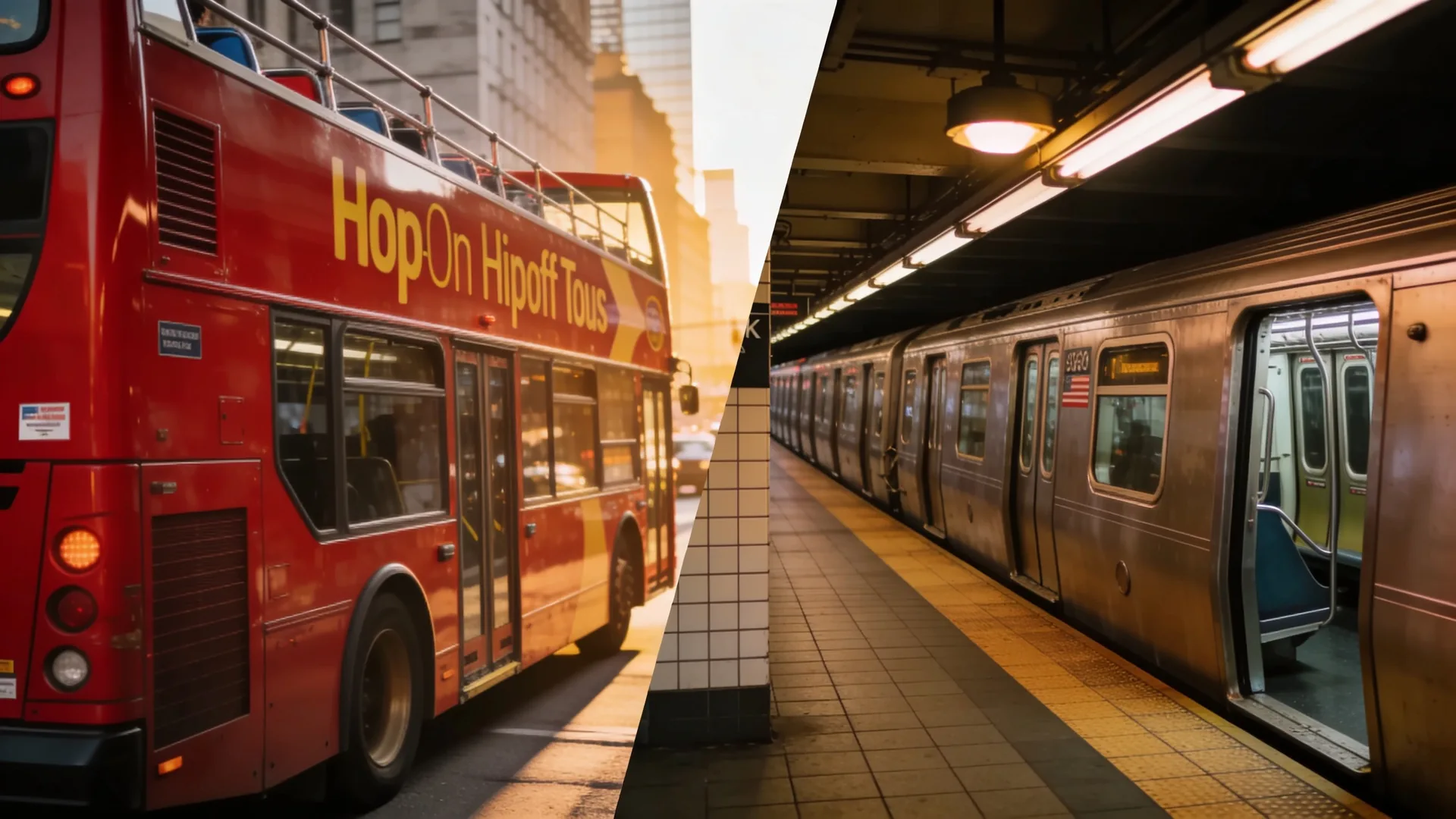 Split-screen with hop on hop off bus and NYC subway train — Hop On Hop Off vs NYC Subway comparison