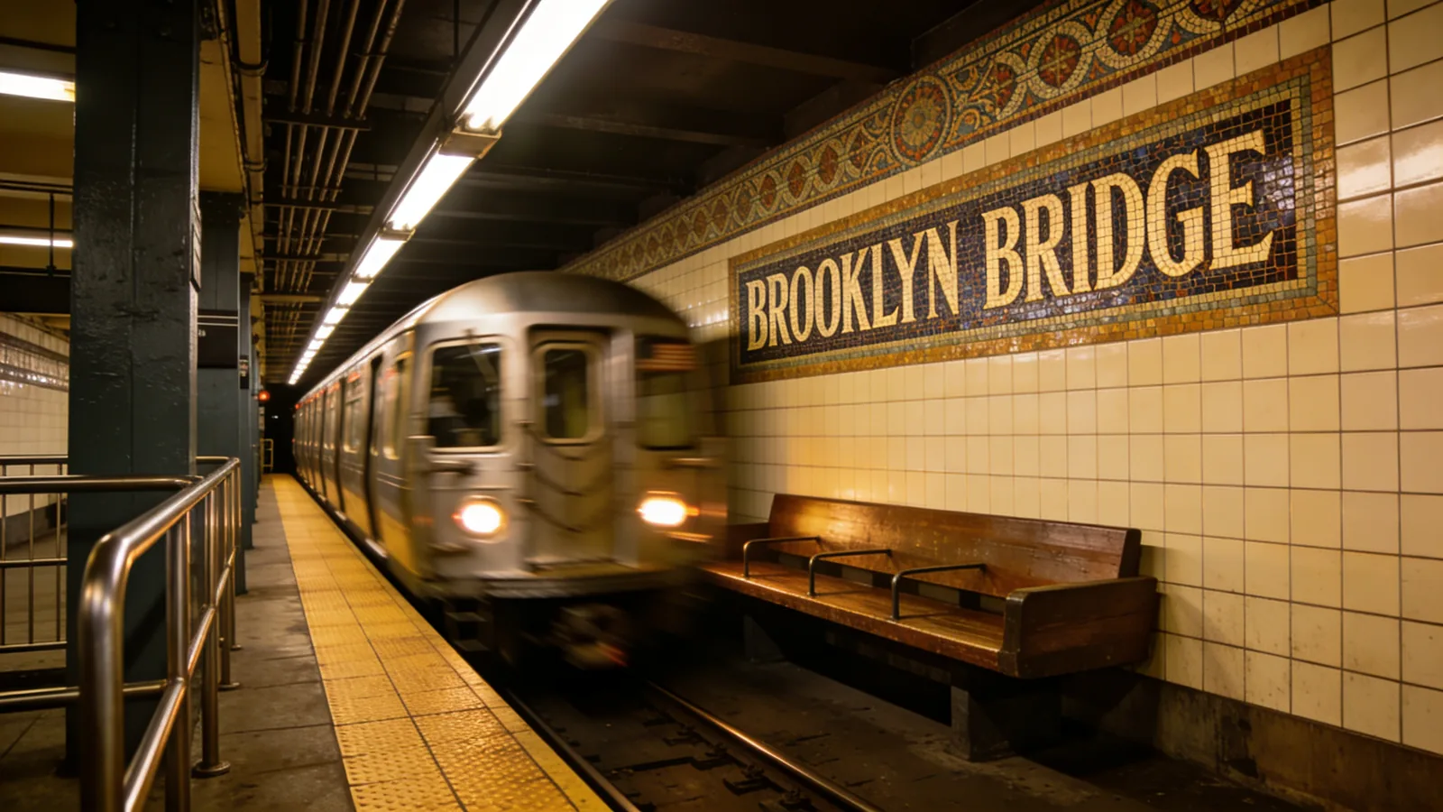 NYC subway platform with mosaic tile signage and silver train — Hop On Hop Off vs NYC Subway transit side