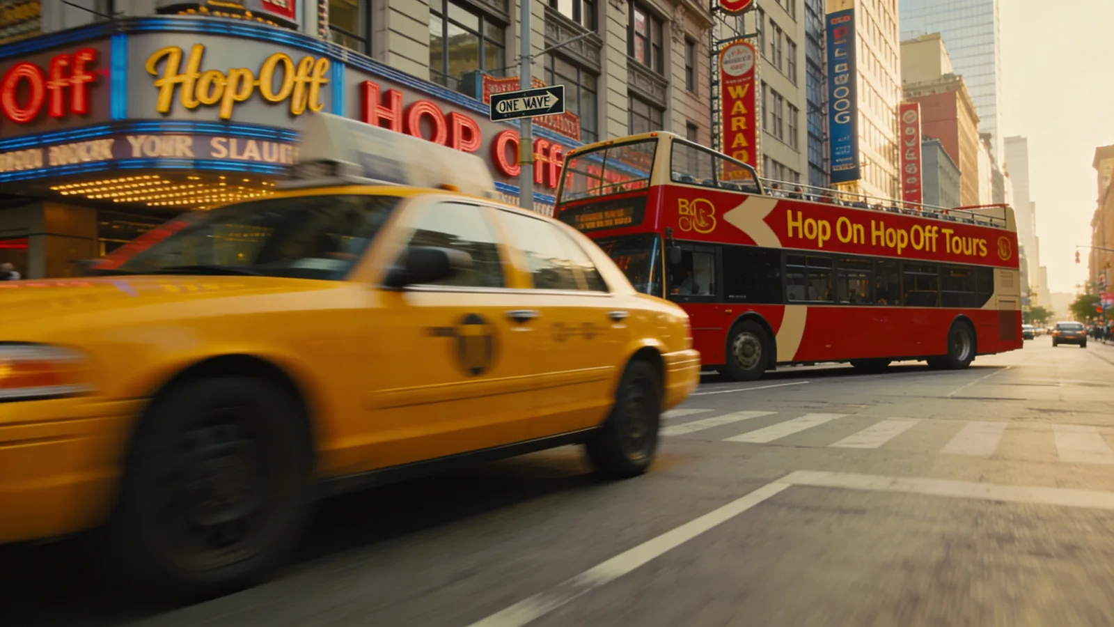 NYC street scene with yellow taxi and hop on hop off tour bus — Hop On Hop Off vs NYC Subway street-level context